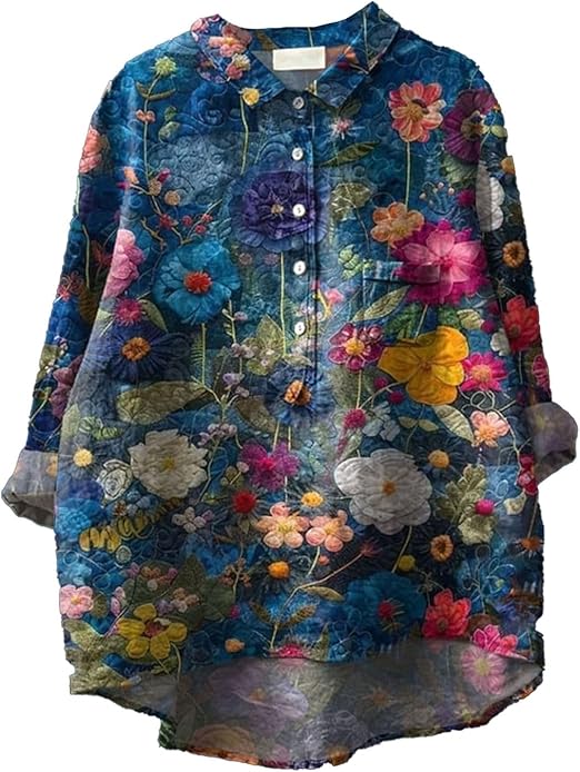 YCBMINGCAN Linen T-shirt for Women Floral Print Loose Fit T-Shirt Tops Lapel Collar Button Blouses Long Sleeve Casual Tops Shirt Print Women