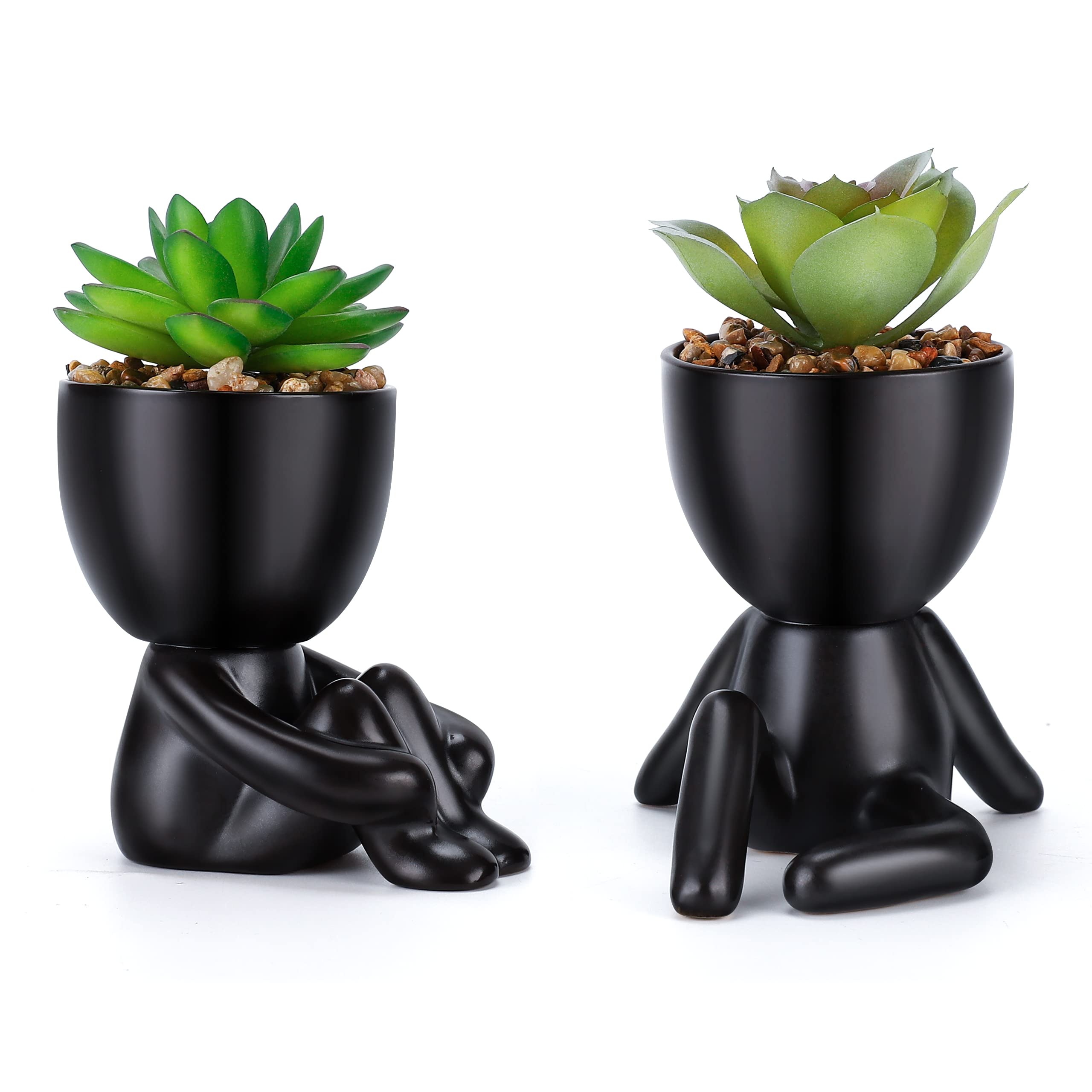 WOODWORD Fake Succulent, Mini Succulents Plants Artificial in Black Modern Human Shaped Ceramic Pots Desk Decor Desk Plant for Office Decor for Women,