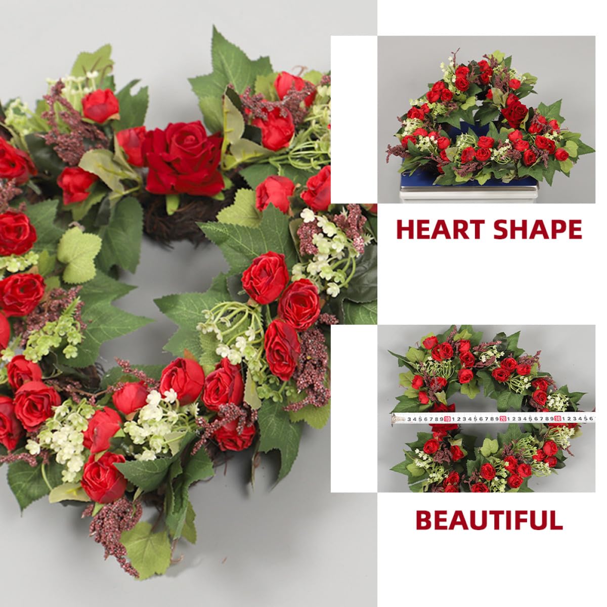 Herzförmiger Hochzeits Hängekranz aus Kunststoff und Rattan mit Künstlichen Rosen kein Biegen Elegante Wanddekoration für Valentinstag und Festival Party zu Hause