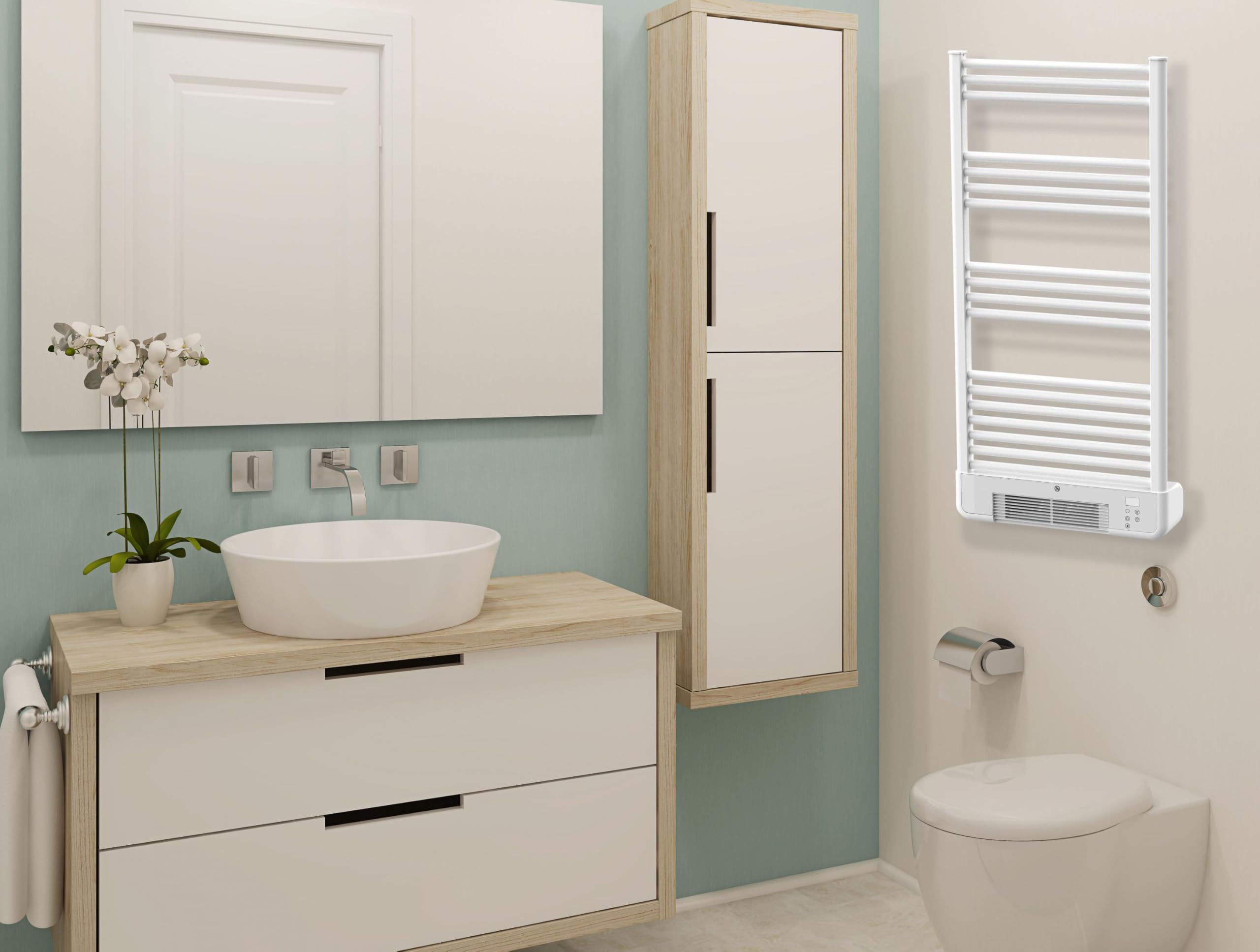 PUR LINE | Radiador NTW-11B Turbo Radiador Toallero Eléctrico Blanco con Calefactor Integrado – Toallero eléctrico con Control WiFi, Display LED táctil, termostato programable y protección IP24