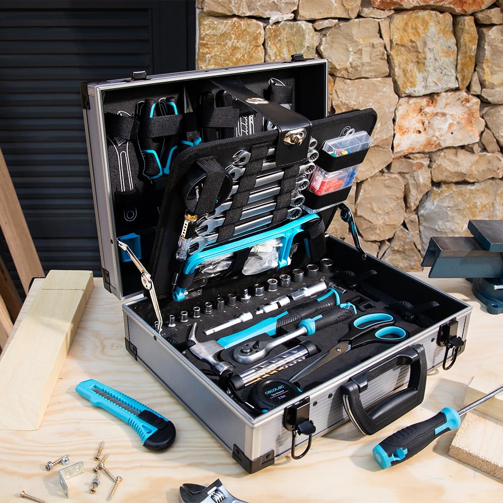 Cecotec Caja Herramientas 380 Piezas ToolBox 8000 Pro. Maletín de Aluminio Premium, Vasos CR-V, Puntas S2 Resistentes, Llaves de Carraca y Llaves Fijas, Ideal Carpintería, Fontanería, Electricidad