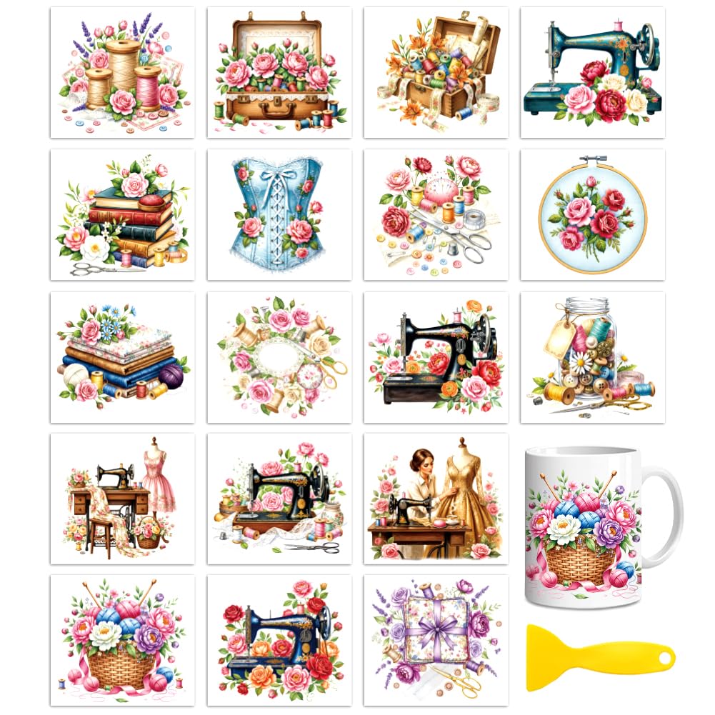 Peacoblue 18 Sheets Rub On Transfers for Crafts, Vintage Sewing 3.6"x3.9" UV DTF Cup Wrap Waterproof Cold Transfers Stickers for Wood Glass Cup Tumblers Mirrors Mugs Home Decor
