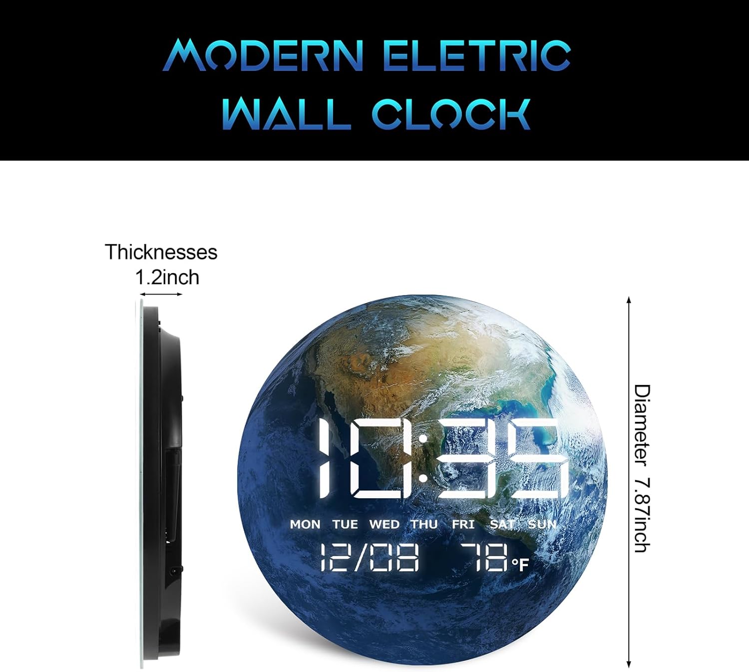 Digital Desk & Shelf Clock, LED Moon/Earth Design, Temperature Display, 7.87 x 7.87 inches (Earth, 7.87 INCH)