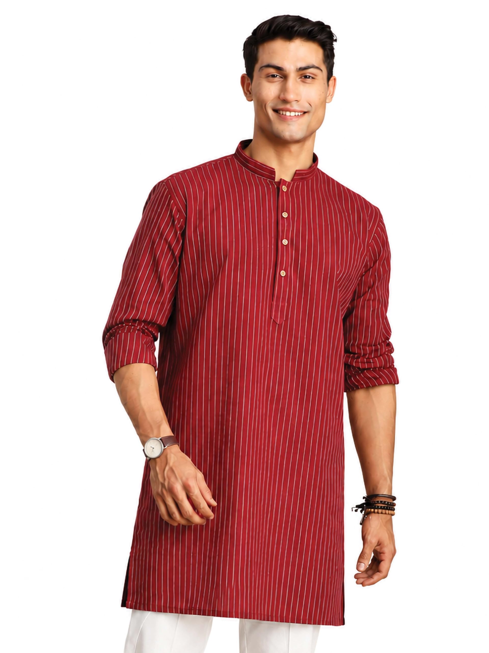 shvaas by vastramay Striped Regular Men's Maroon Cotton Short Kurta-picture-14