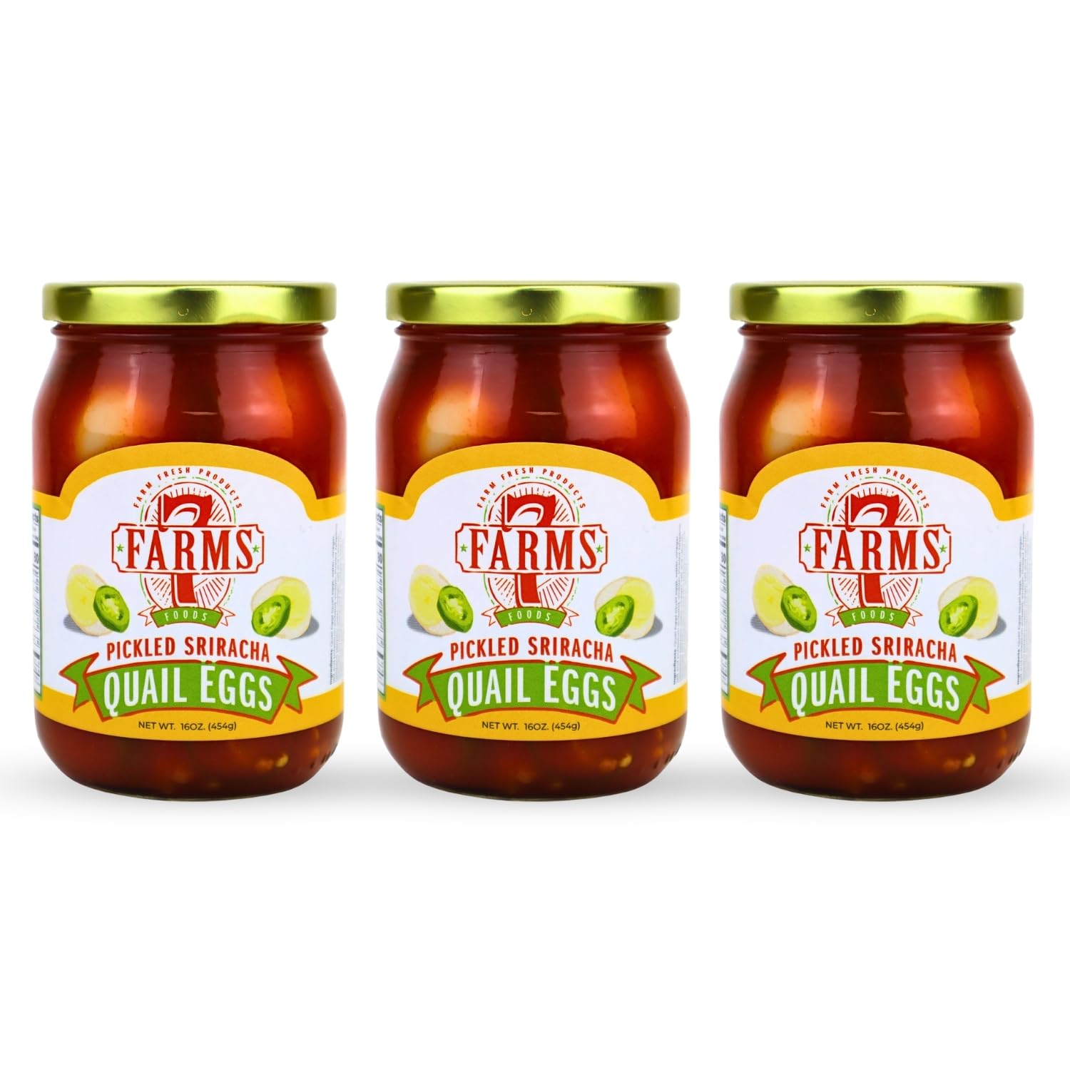 7 Farms Pickled Quail Egg 3 Pack - Mild, Jalapeno, Sriracha, and Cajun Flavors- 16 Ounce Glass Jars (Sriracha)