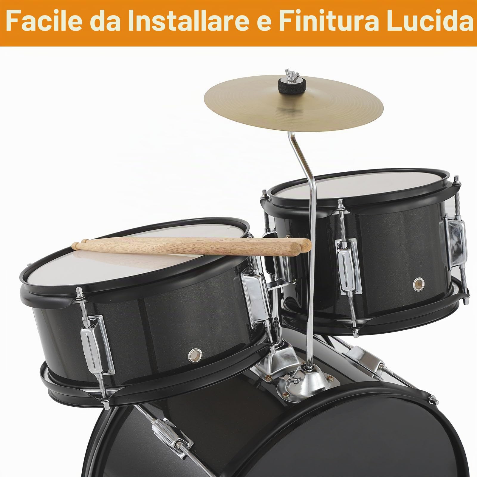 Set Batteria 5 Pezzi per Bambini e Principianti – Completo Performance con Grancassa, Tom, Rullante, Piatti, Hi-Hat – Bacchette, Pedale, Sgabello – Regalo Musicale per Giovani – Colore Nero