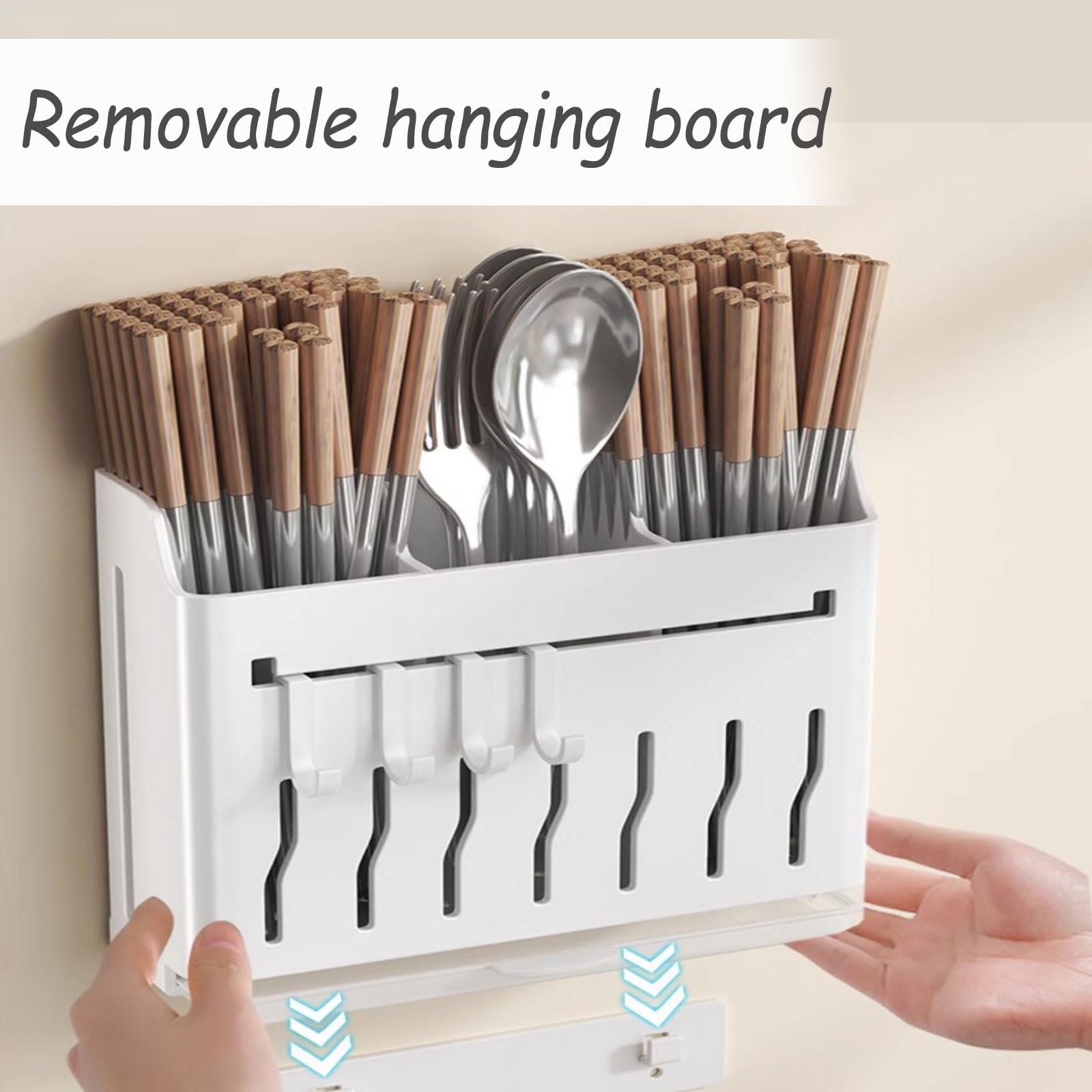 Soporte para utensilios de pared, organizador de cocina colgante con ganchos para cuchillos, palillos, cubiertos, tenedores, cucharas y toallas, elegante organizador de almacenamiento negro