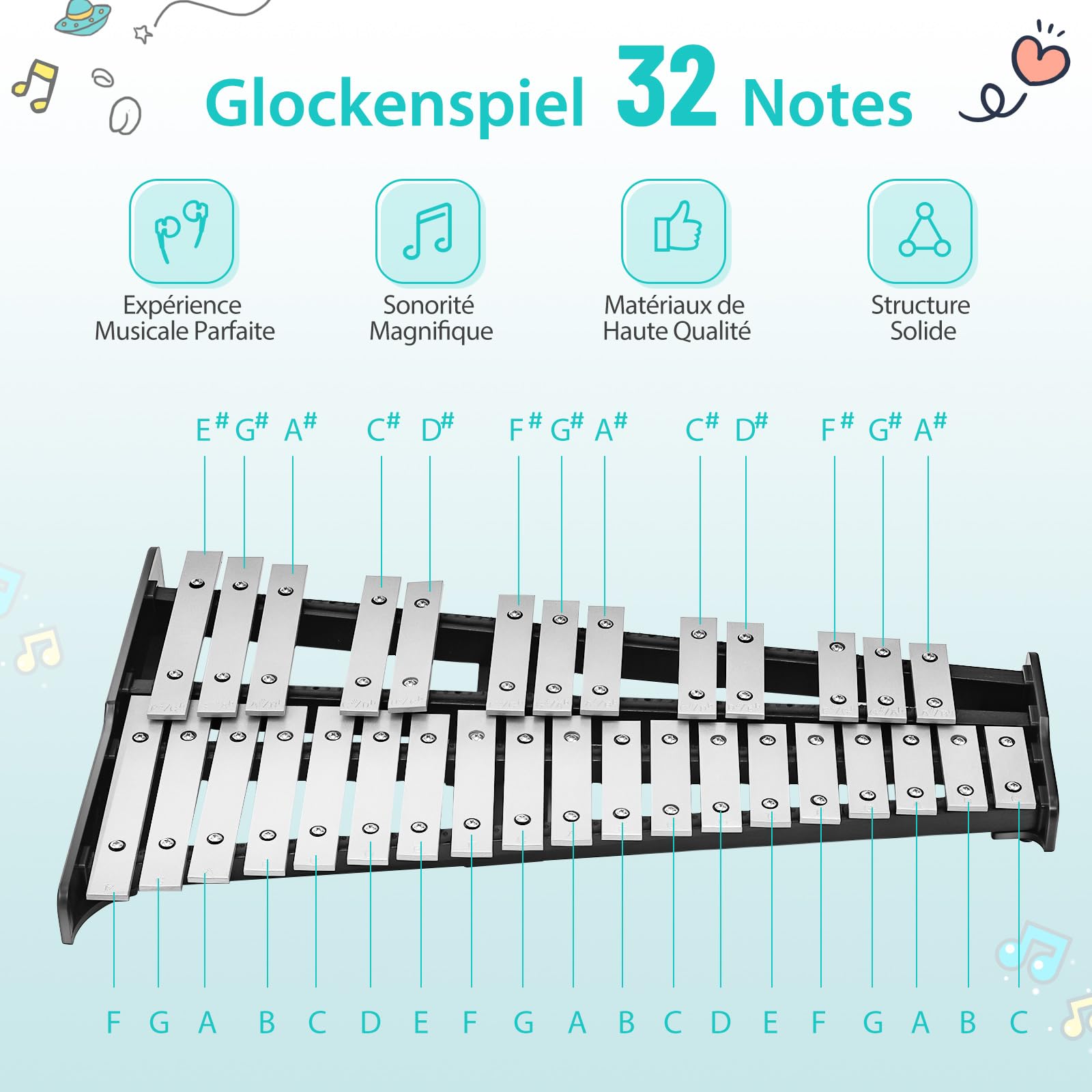 GOPLUS Glockenspiel Plegable de 32 notas de aluminio para niños, instrumento musical xilófono con soporte ajustable, atril y palillos de madera, bolsa de transporte, tambor de entrenamiento