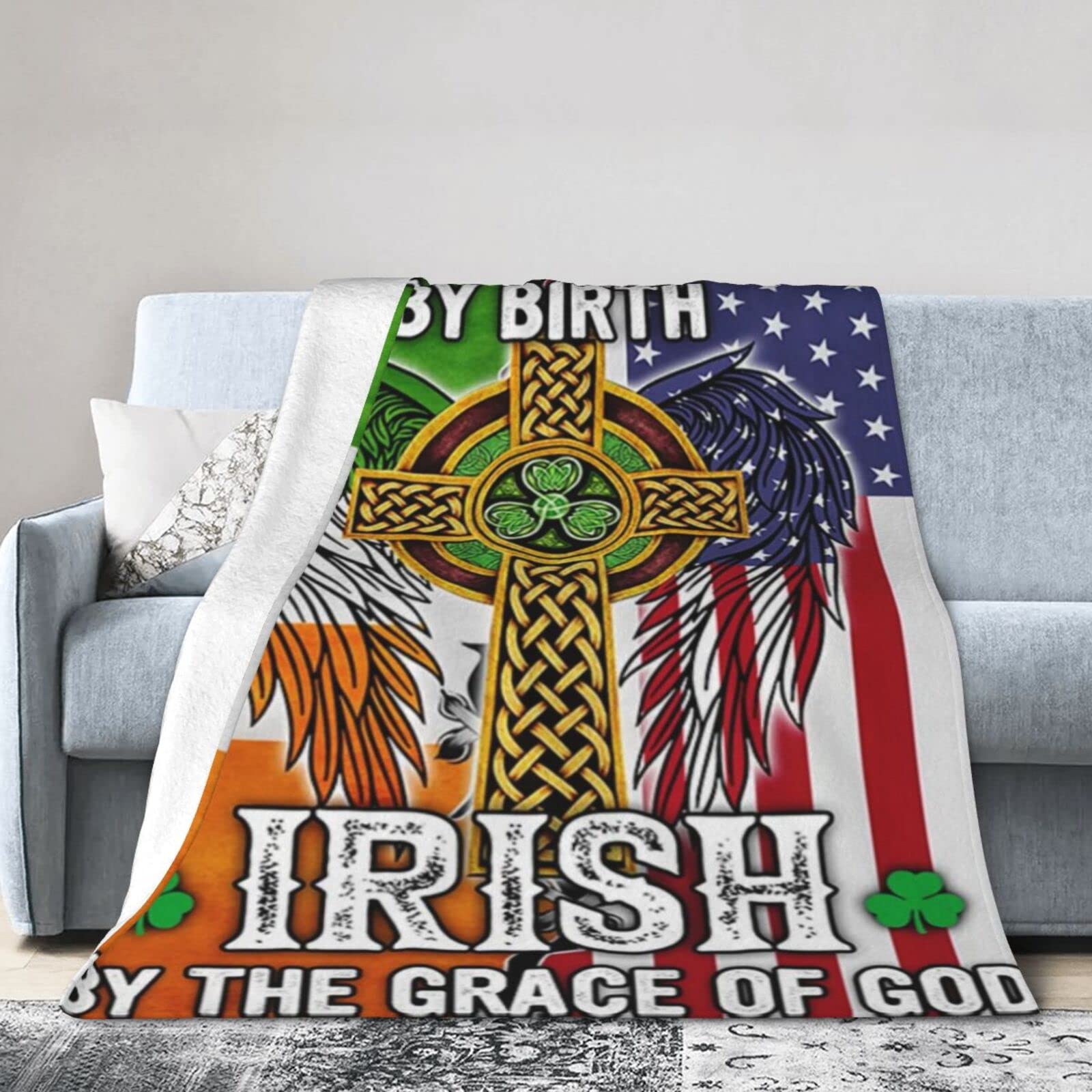 Lsjuee Flannel Fleece Blanket 50"X40" American by Birth Irish by The Grace of God Bed Throw Blanket Weighted Ultra-Soft Travel Spring Blankets for Mens Keep Warm