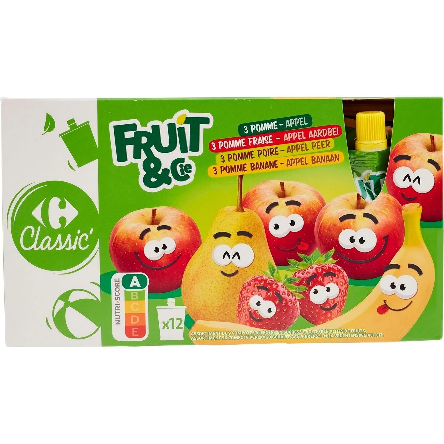 CARREFOUR CLASSIC - Assortiment de 12 Compotes Allégées en Sucres Pomme, Pomme Fraise et Spécialités Pomme Poire - les 12 gourdes de 90g - 1080g - Le Lot De 3