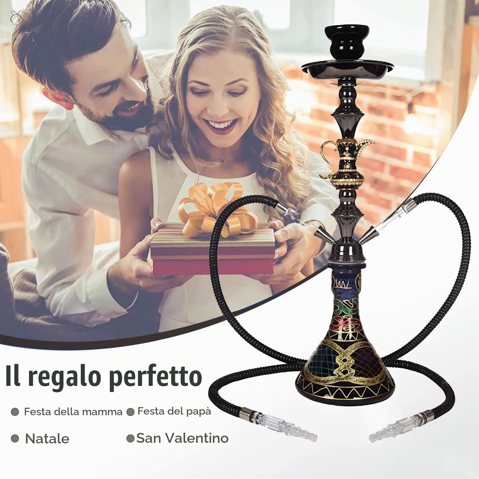 Set di Narghilè a 2 o 4 Tubi, Narghilè in Vetro da 21 Pollici con Base Stabile in Vaso di Vetro, Ciotola in Ceramica e Posacenere con Pinze per Carbone, Senza BPA, Regalo Pronto (Size : 2 Hoses)