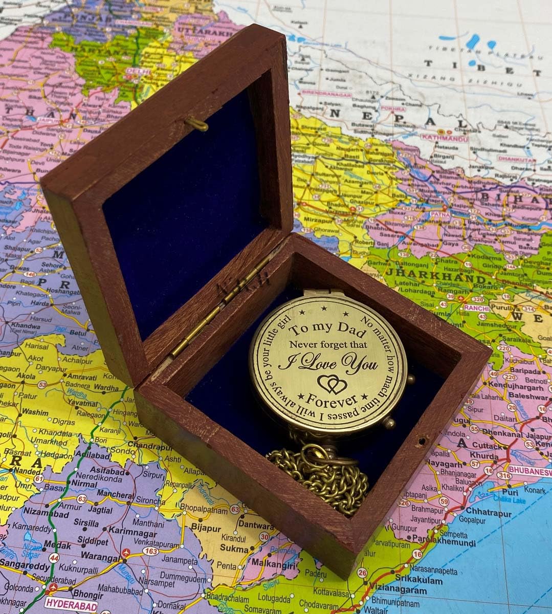 Bussola tascabile in ottone anticato, realizzata a mano, stile, direzionale, per navigazione, escursionismo, trekking, viaggi e campeggio, con scatola in legno "To My Dad"