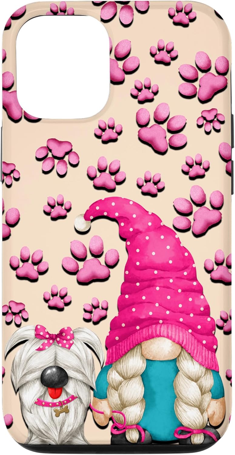 iPhone 12/12 Pro Pink Paw Print Pattern For Girls Funny Gnome Dog Mom Case