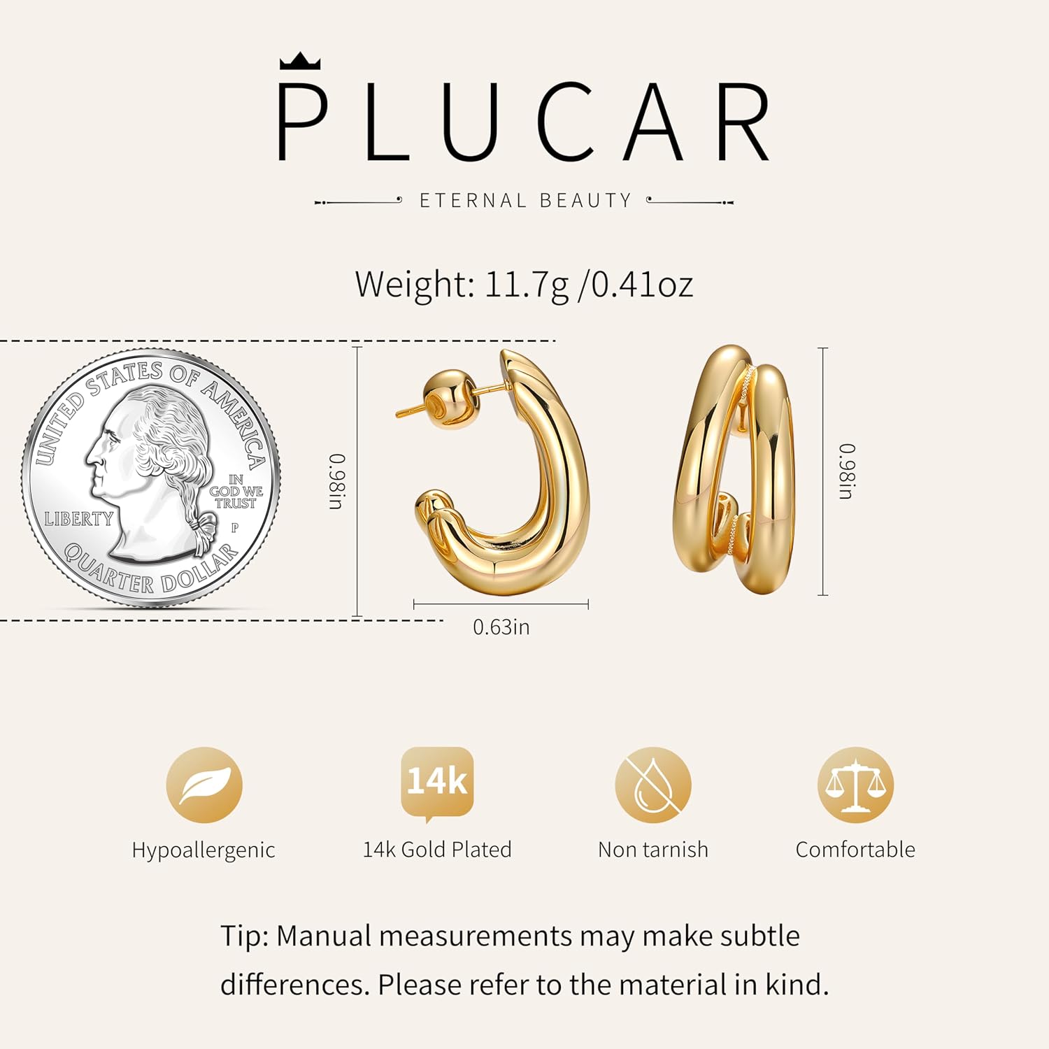 Gold Double Hoop Earrings for Women - Chunky Earrings 14K Gold Plated Statement Earrings Trendy Hoops Thick Hypoallergenic Earrings for Women Trendy Jewelry Gift Double Hoop/Twist Rope/Moon