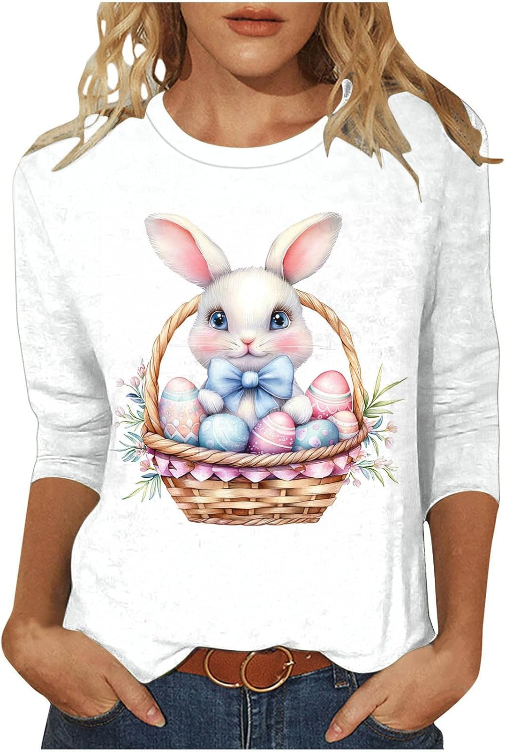 Easter Shirts for Women 2026 Funny Cute Bunny Egg Printed Tees Casual 3/4 Sleeve Tops Happy Easter T-Shirt Outfits