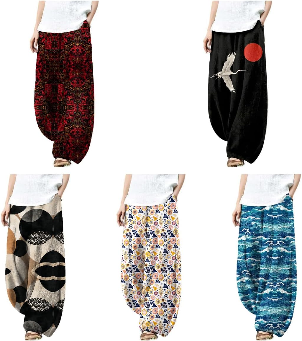 Womens Beach Pants Lounge Breathable Funny Printed with Pockets Flowy Palazzo Pants for Women High Waist Pants - Image 2