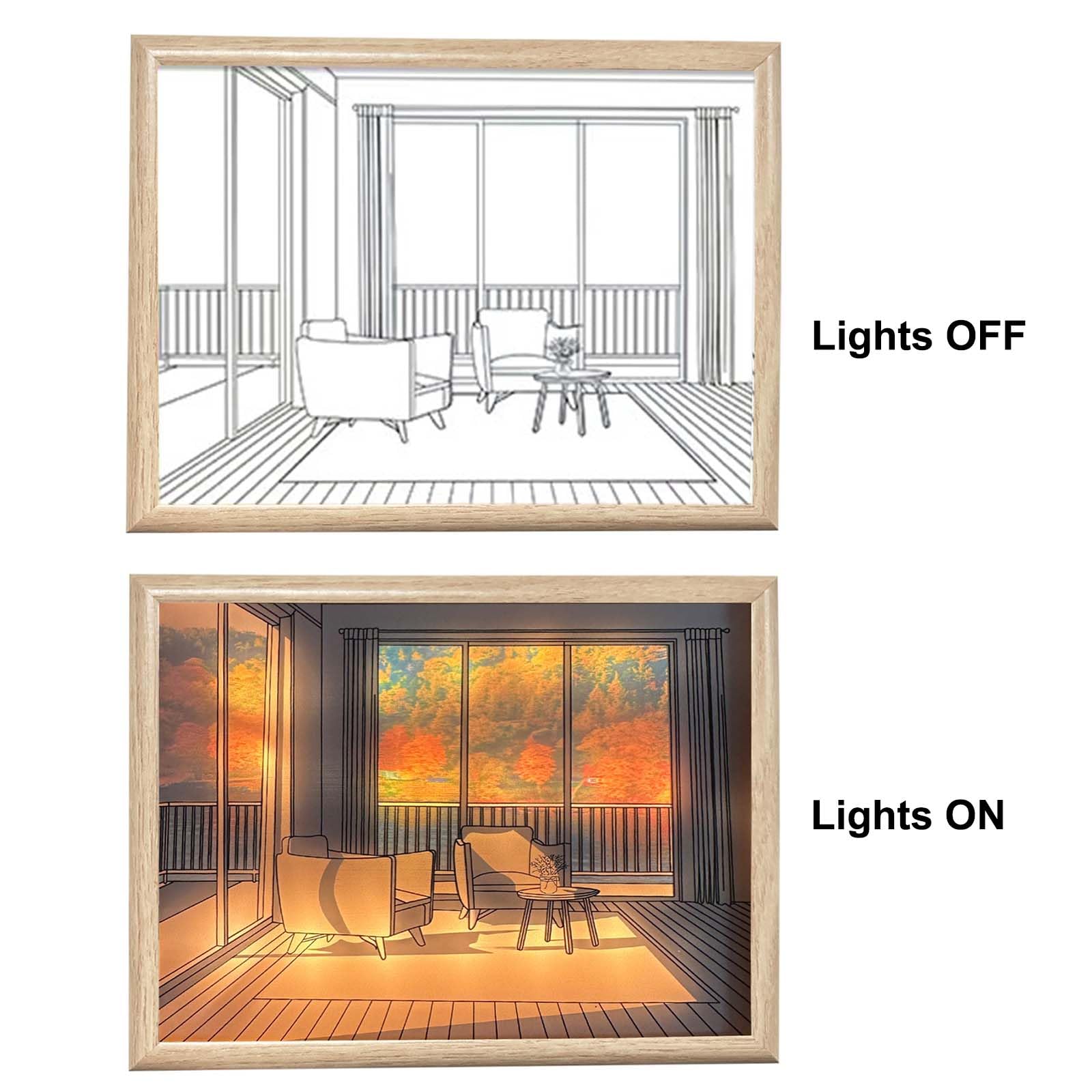 Verlichting Schilderij Decoratie 3 Kleuren LED Verlichting Fotolijst Creatieve Kunst Nachtverlichting USB Oplaadbare Acryl Schilderijen Licht En Schaduw voor Woonkamer Wall Art Decoratie, Herfst-S