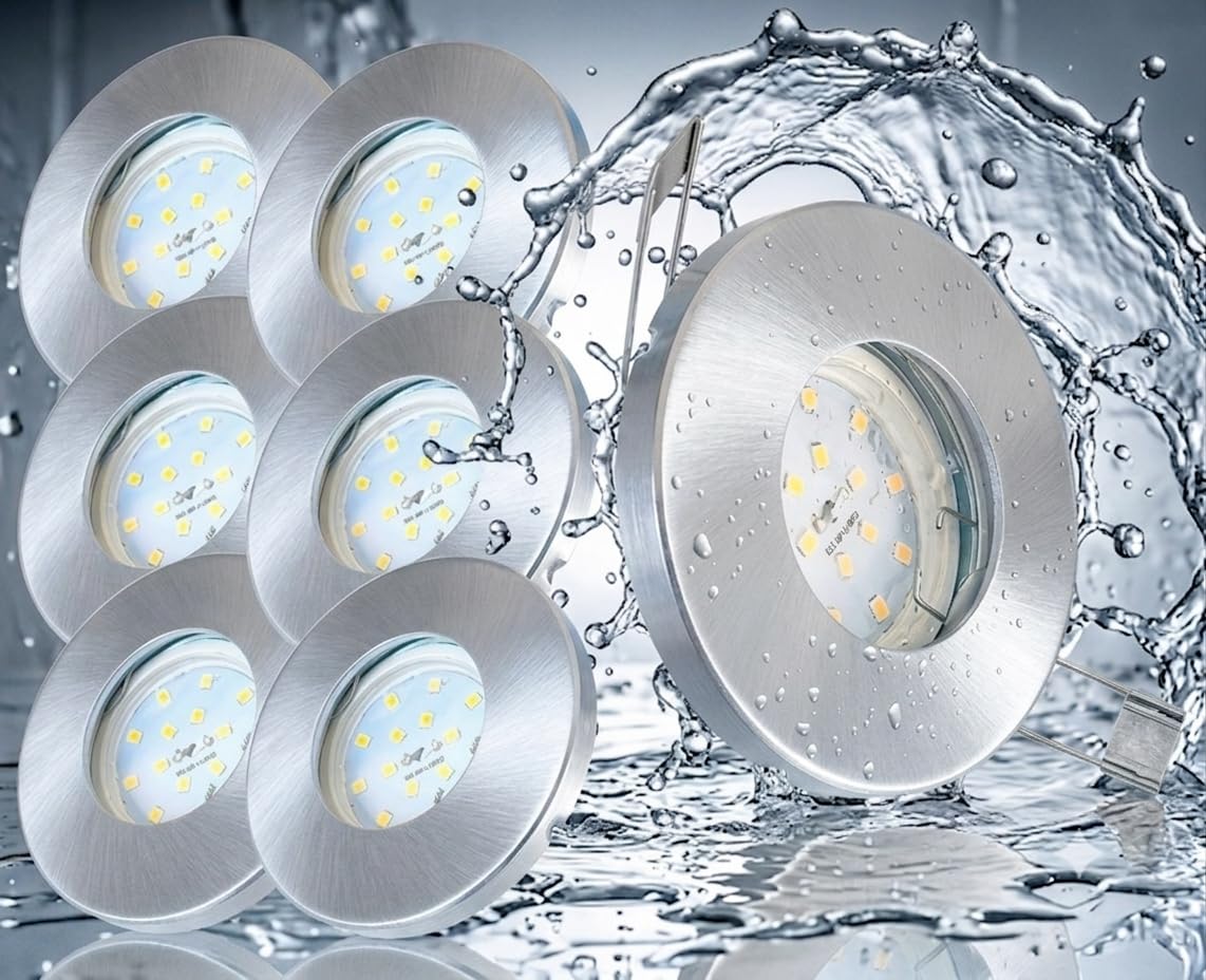 Trango 6er Set IP65 Bad Einbaustrahler 6729IP65-069-5WAK Aluminum gebürstet inkl. 6x 5 Watt GU10 LED Leuchtmittel 3000K warmweiß Außen Einbauleuchte, Bad Leuchte, Deckenspot, Dusche Deckenleuchte