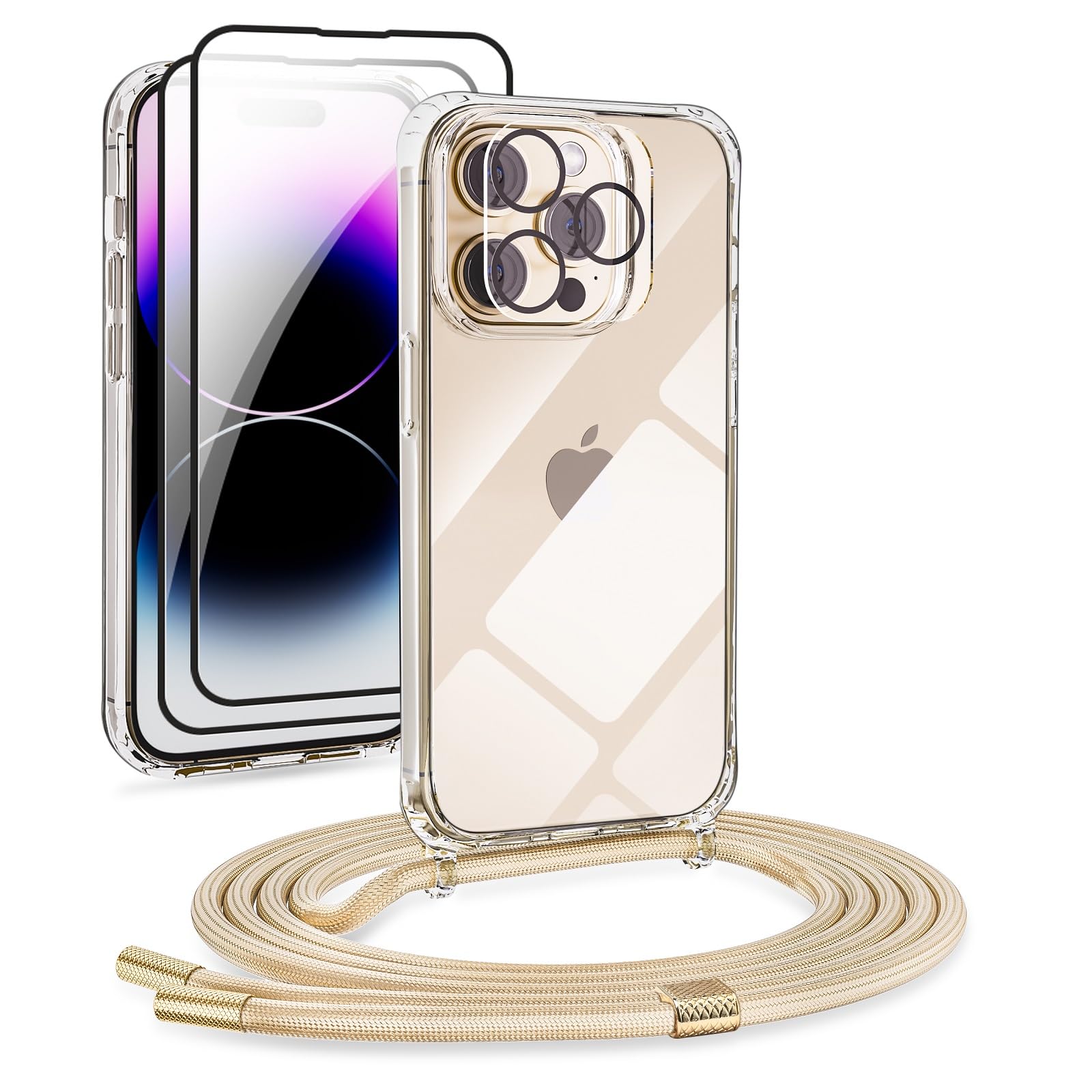 DiDaDi [5 in 1 Handykette Set für iPhone 11 Pro Max Hülle mit Band+Transparent Schutzhülle+Schutzfolie+kameraschutz Glas, Abnehmbar Necklace Stylische Handyhülle zum Umhängen Kordel Case (Gold)