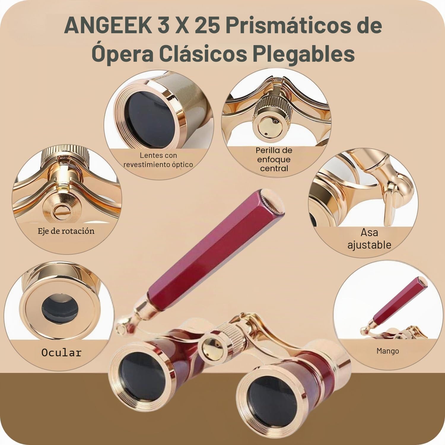 3X25 Opera Theater Horse Racing Glasses Binocular Telescope with Handle/Accessory Kit Women Telescope (Red)