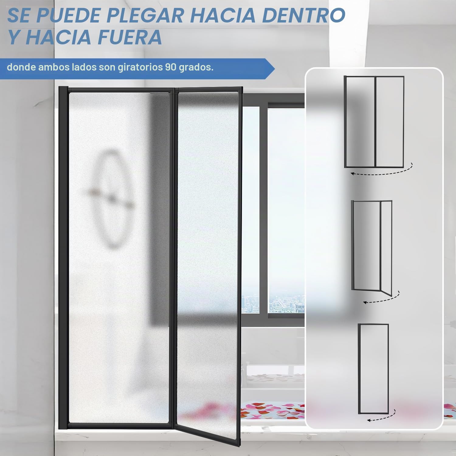 Mampara de ducha de plástico para bañera, antiastillas, 100 x 140 cm, 2 piezas, plegable, marco de aluminio negro, montaje a izquierda y derecha, con aspecto de gota