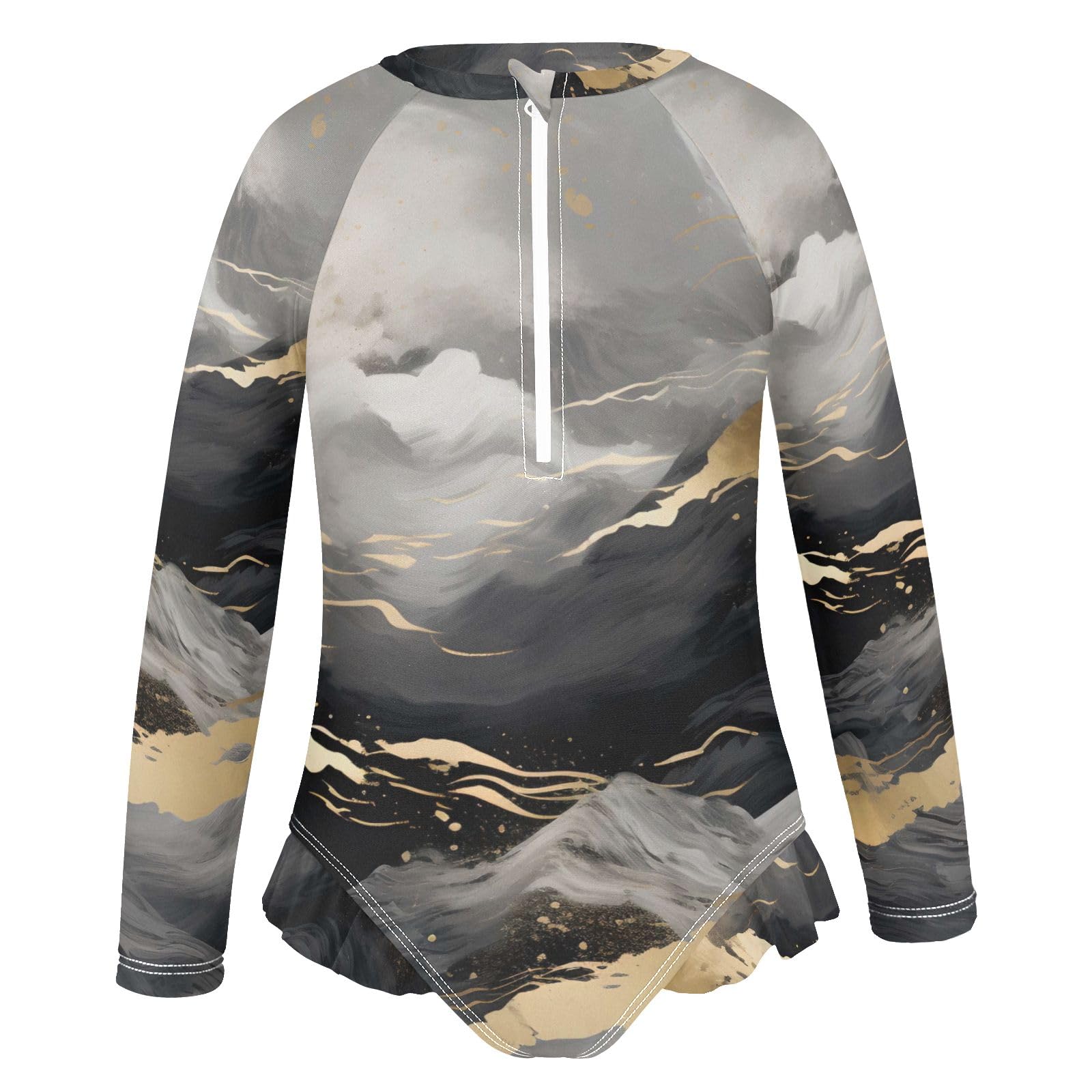 ALAZA Swimsuit for Girls Long Sleeve Rashguard Bathing Suit Marble Gold Gray Quick Dry 4T