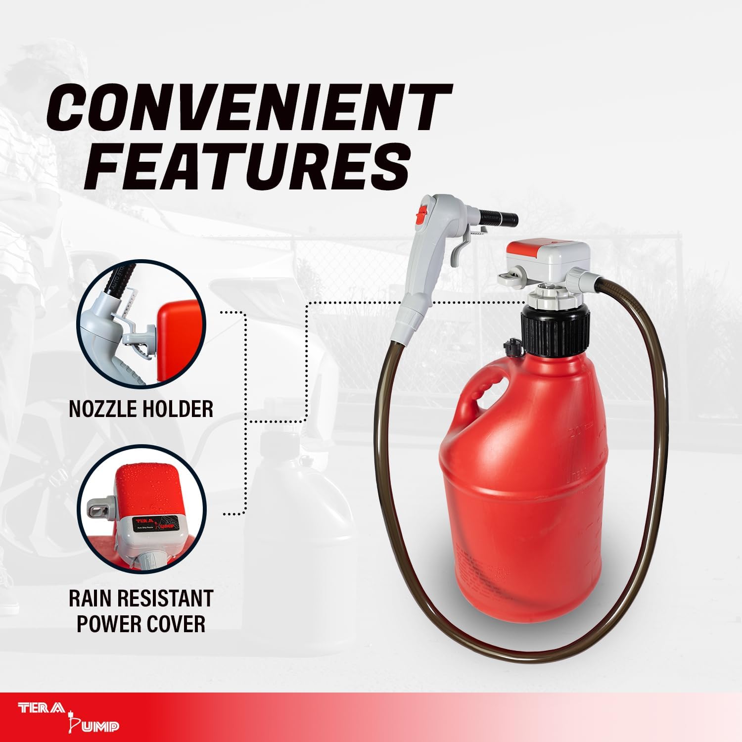 TERA PUMP TRFA03-XL Universal Gas Can Adapter Cap Battery Powered Fuel Transfer Pump (2.3 GPM) No Spill Sensor, 4.27 ft Vinyl Hose, Utility Jug Adapter, Power Nozzle, 4x AA Power - Image 8