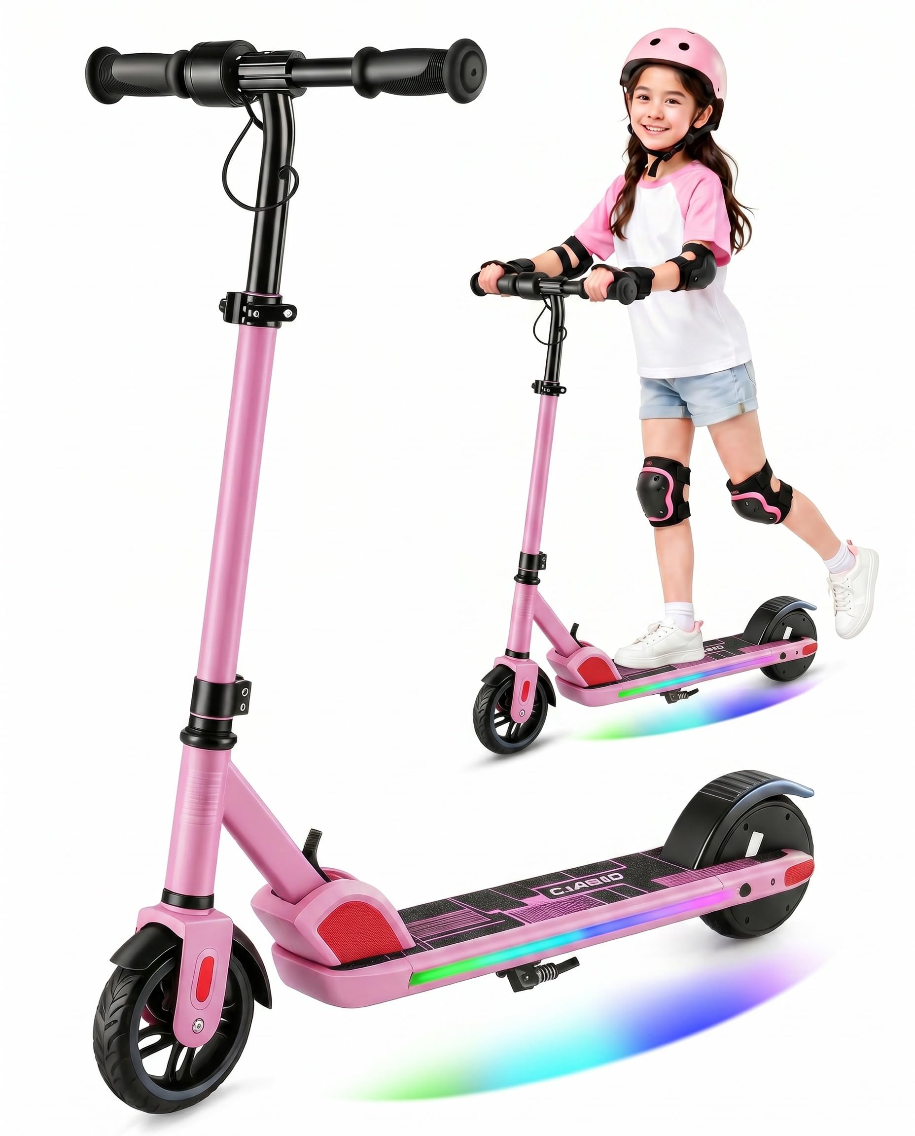 Caroma Patinete eléctrico para niños de 6 a 12 años, Motor de 150 W hasta 16 km/h, Alcance de 12 km, Patinete eléctrico Plegable con Luces Coloridas y Pantalla LED, Velocidad y Altura Ajustables