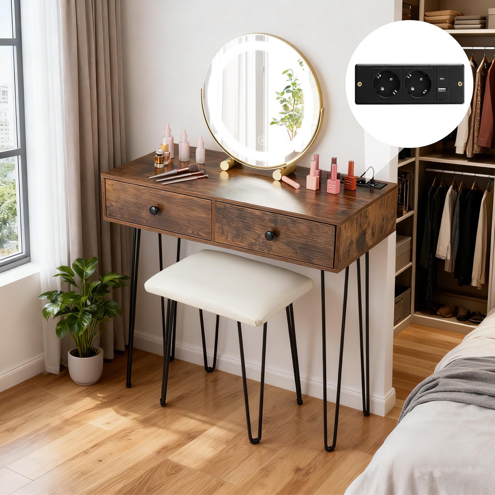 COSTWAY Toeletta Trucco con Specchio e Luci, Tavolo Trucco con Specchio Regolabile, Stazione di Ricarica Integrata, 2 Cassetti, Sgabello Imbottito, per Soggiorno Camera da Letto