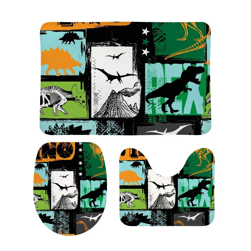 Kuizee Bath Rug Set 3 Piece ?Dino Pattern Dinosaur Grunge Design for Boys Batroom Rugs Non-Slip Mat U-Shaped Contour Rug O-Shaped Toilet Lid Water Absorbent Cover Coral Velvet