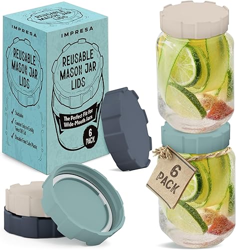 Miniatura 1 de IMPRESA Paquete de 6 tapas para tarros Mason de boca ancha, reutilizables, apilables, tapas de plástico de boca ancha, tapas de conservas de boca
