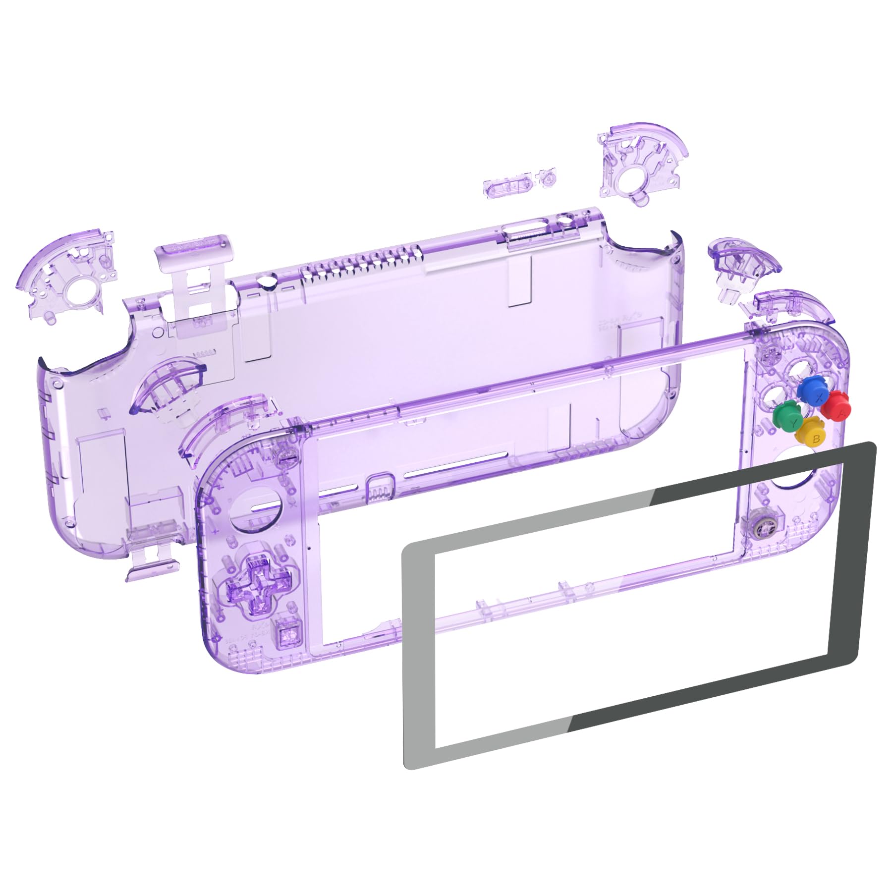 eXtremeRate Custodia Cover Scocca Pulsanti Tasti ABXY DIY Ricambio per Nintendo Switch Lite con Protezione Schermo Pellicola Vetro Temperato(Non Include Console)-Trasparente Viola Atomico