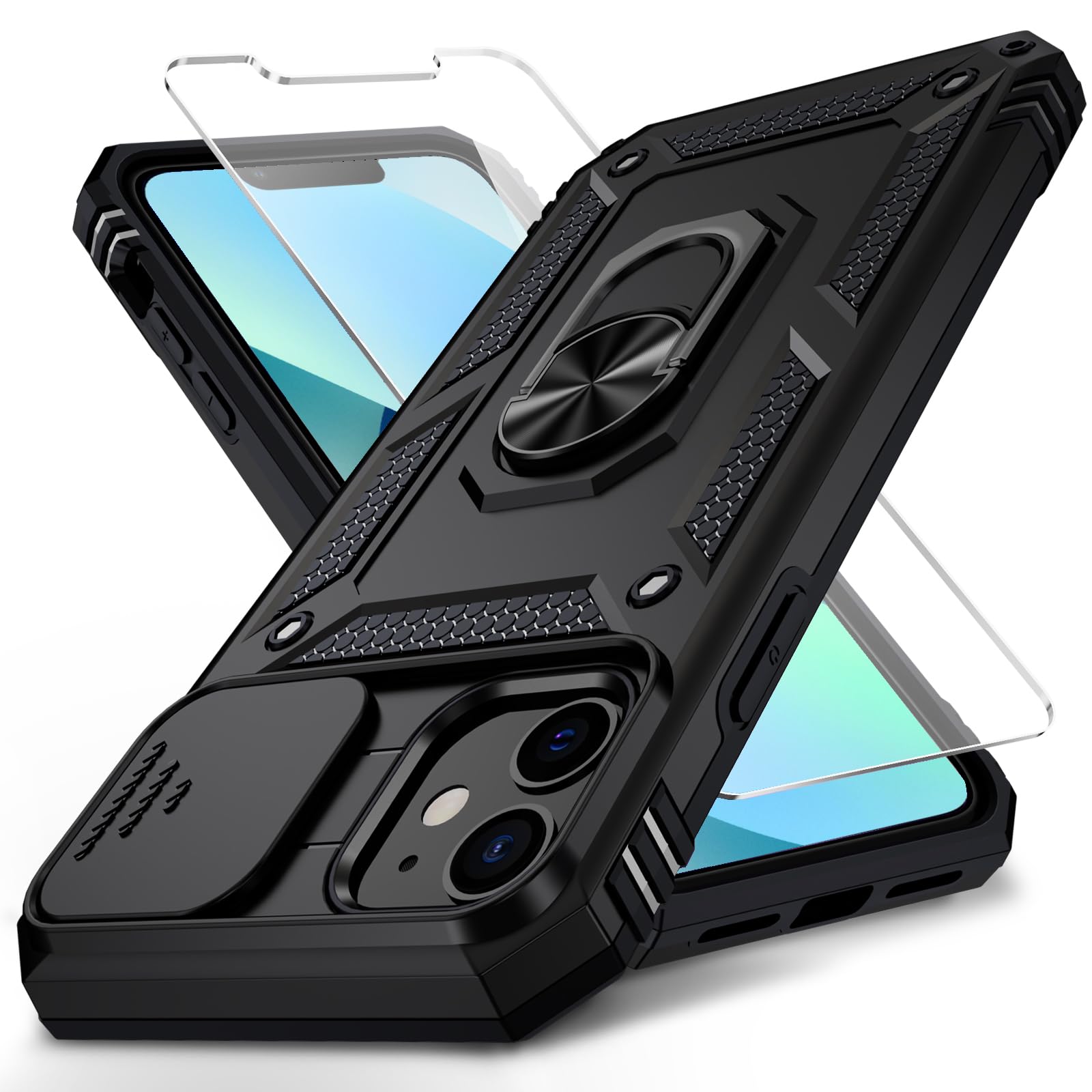 Vinve for iPhone 12 Mini Case with Slide Lens Cover, HD Screen Protector, Military Grade Drop Protection, Magnetic Rotated Ring Holder Kickstand Phone