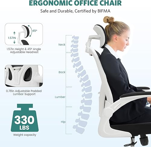 Miniatura 3 de Leteuke Silla de oficina ergonómica con reposabrazos abatibles de 90 y soporte lumbar acolchado silla de oficina de malla de respaldo alto con