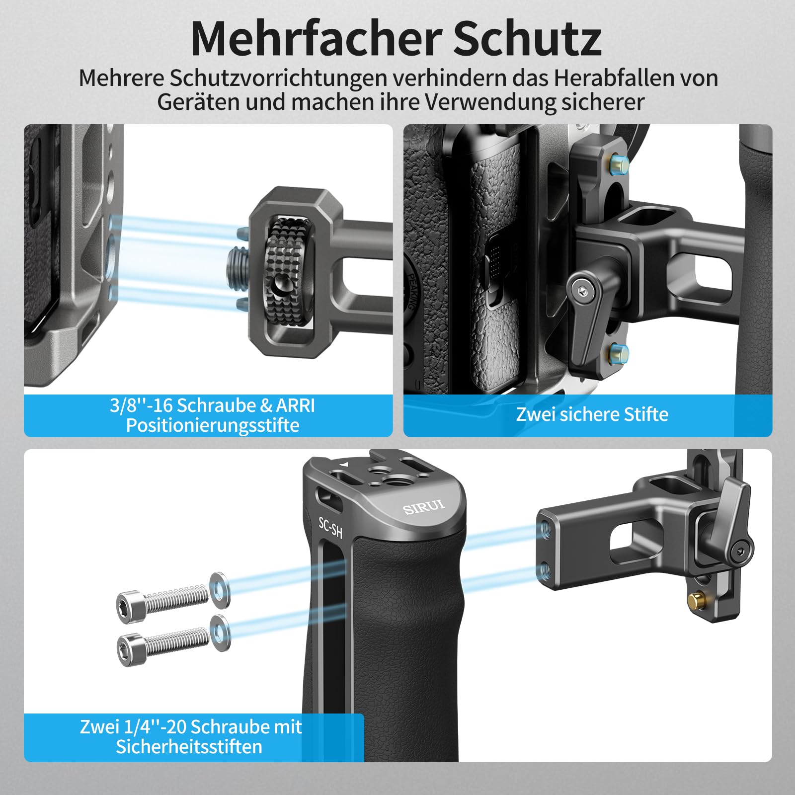 SIRUI Seitenhandgriff, Side Handle für Kamerakäfig, Zwei Befestigungsmöglichkeiten, NATO-Schiene, Fixierschraube, 3/8"-16 Schraube, 1/4"-20 Schrauben, rechts/Links verwendbar (SC-SH)
