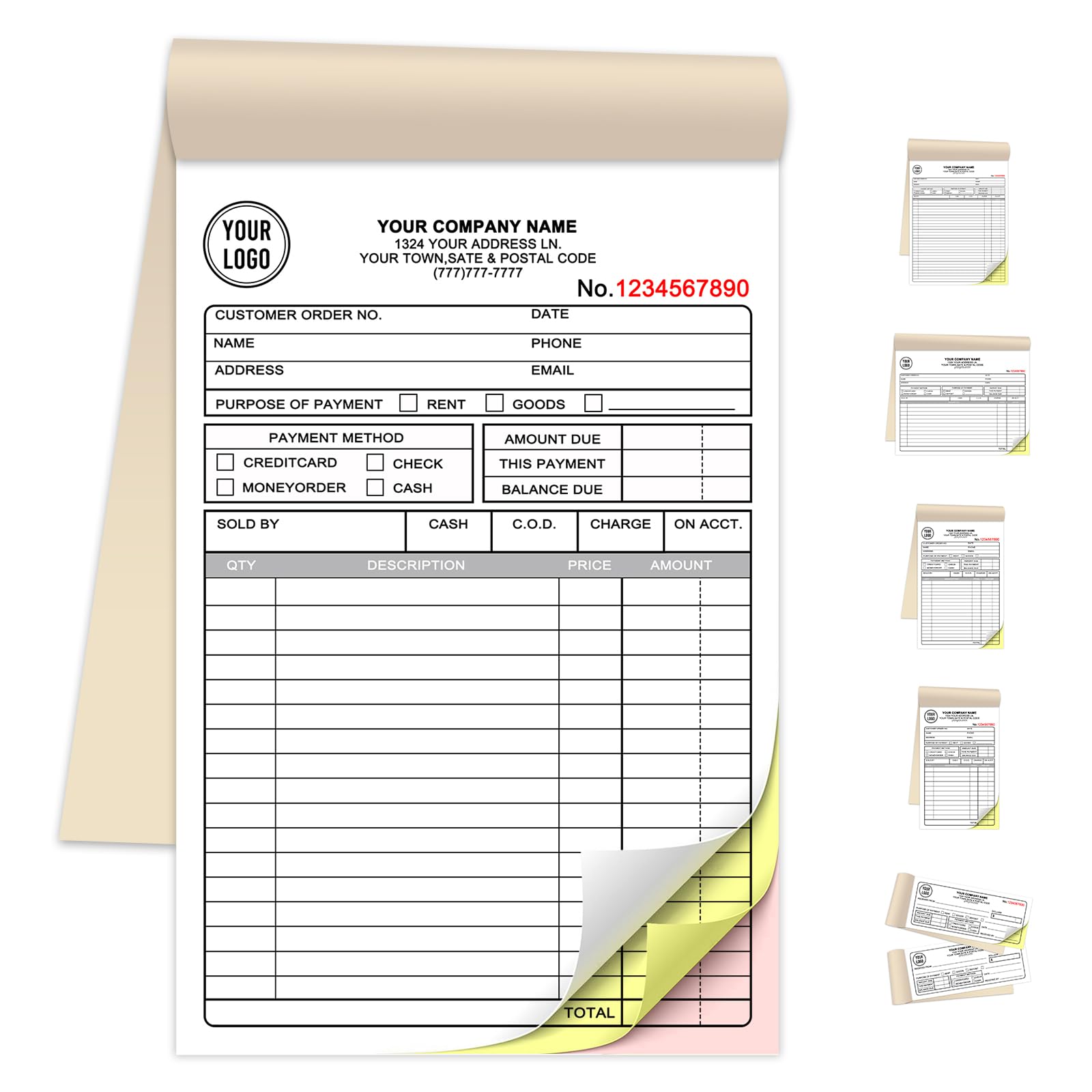 Custom Invoice Book for Small Business,5.5 x 8.5 Inches Invoice Receipt Book, 3-Part Carbonless Forms, Personalised Company Name, Address, Phone Number