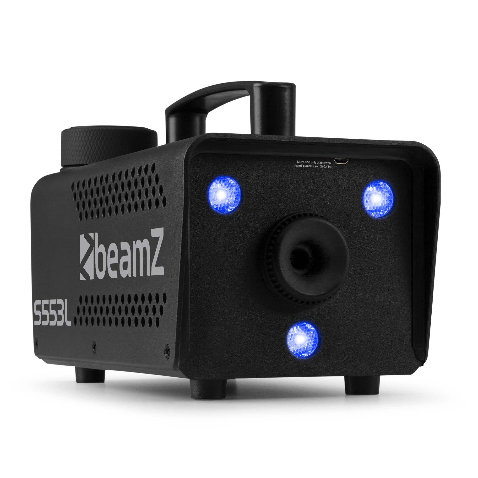 BeamZ S553L máquina de humo 550W con LEDs RGB y efecto estroboscópico, lista en 2,5 min, salida 50 m³/min, incluye 2L de líquido, compacta y portátil para fiestas y eventos
