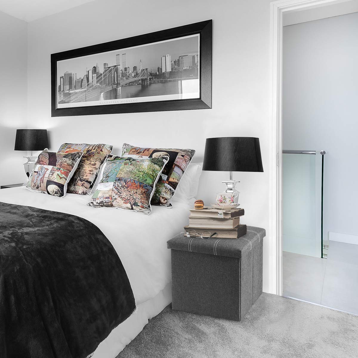 YOUDENOVA 15 inches Storage Ottoman Cube, Foldable Storage Boxes Footrest Step Stool, Padded Seat for Dorm Living Room, Support 300lbs, Line Fabric Grey