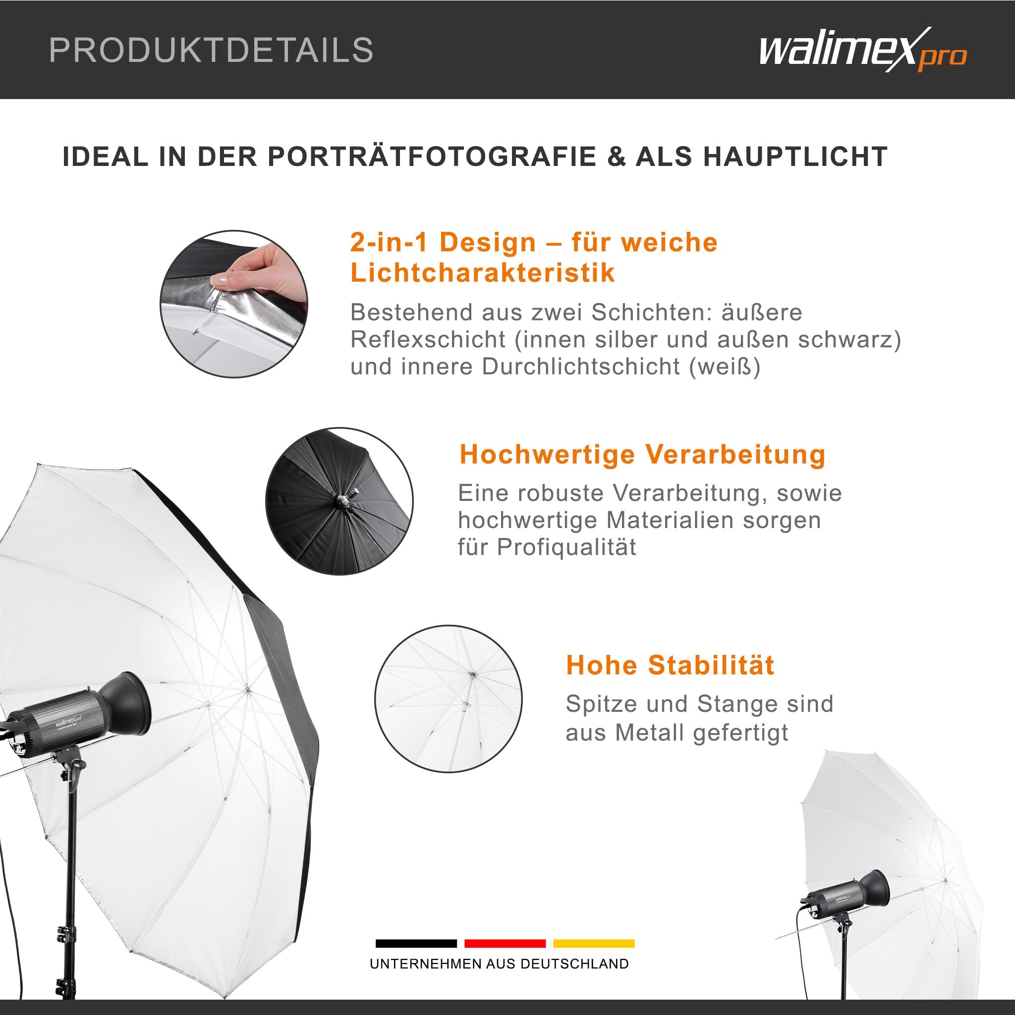 Walimex pro 2in1 Reflex- und Durchlichtschirm weiß Ø 150 cm für weiches Licht, Studioschirm mit Abnehmbarer äußerer Reflexschicht (silberfarben, schwarz) und innerer Durchlichtschicht (weiß)