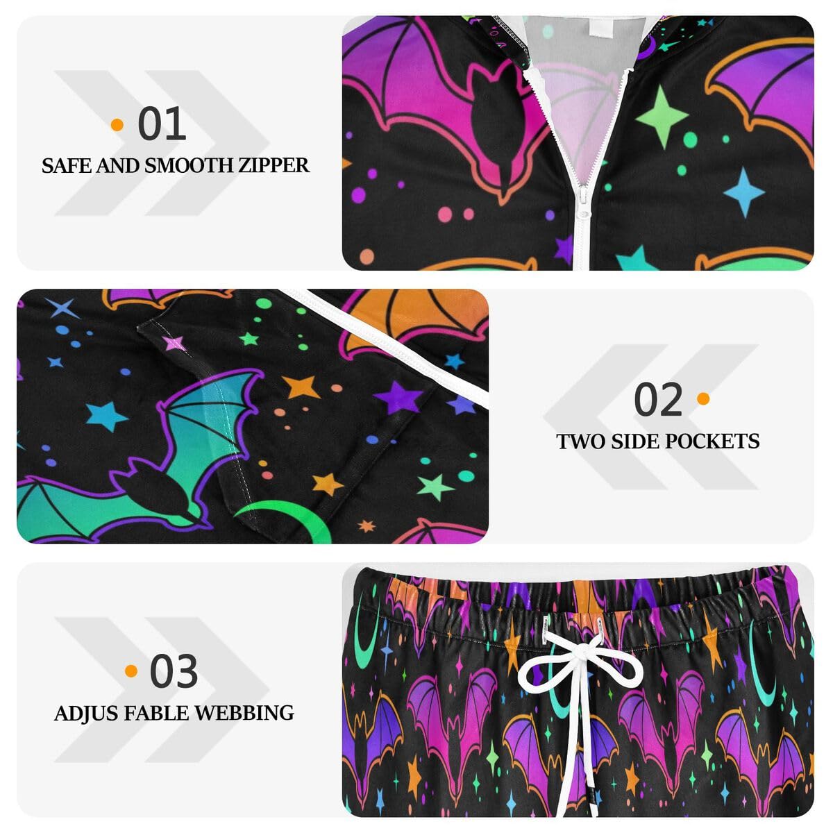 Conjunto deportivo de 2 piezas para mujer, diseño de murciélagos brillantes, multicolor, manga larga, para Halloween