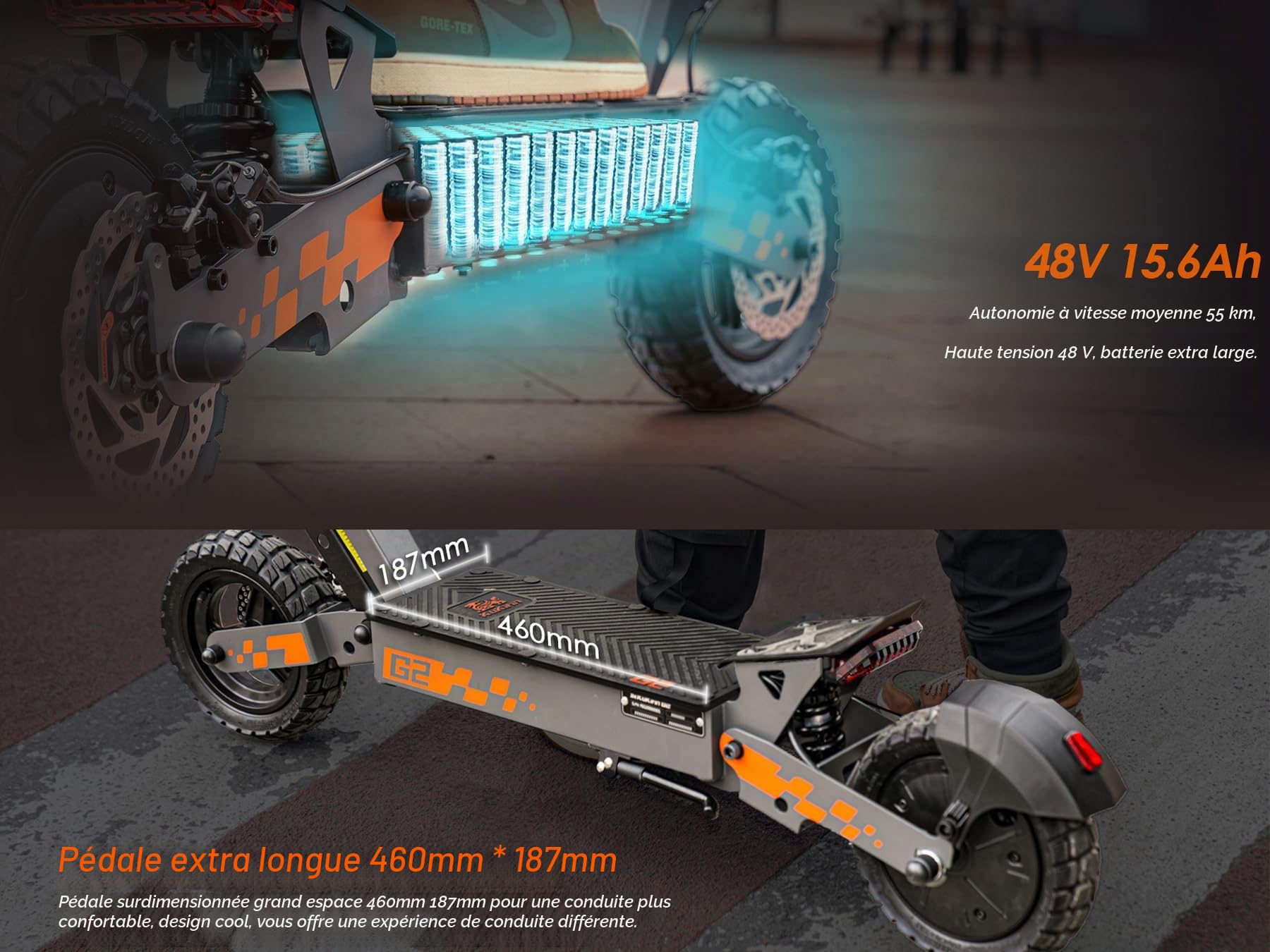 KUKIRIN G2 Trottinette Électrique Adulte, Batterie 48V 15,6Ah, Jusqu’à 55 km, Pneus Tubeless 10 Pouces, Double Suspension, Double Frein à Disque, Écran Couleur Tactile, Pliable