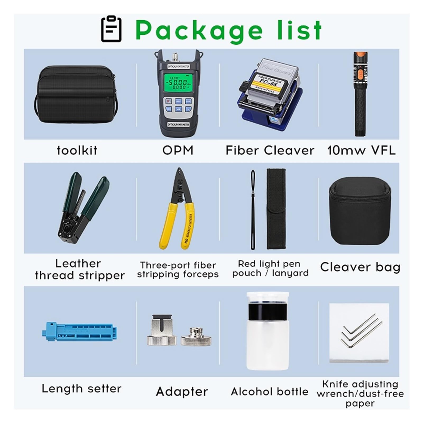 Testeur de câble réseau, Kit D'outils For Fiber Optique FTTH 17 Pièces/ensemble, Avec Couperet De FC-6S-50 ~ + 26dBm, Compteur Puissance, Localisateur Visuel Défauts 10mw(-70 to 10dbm)