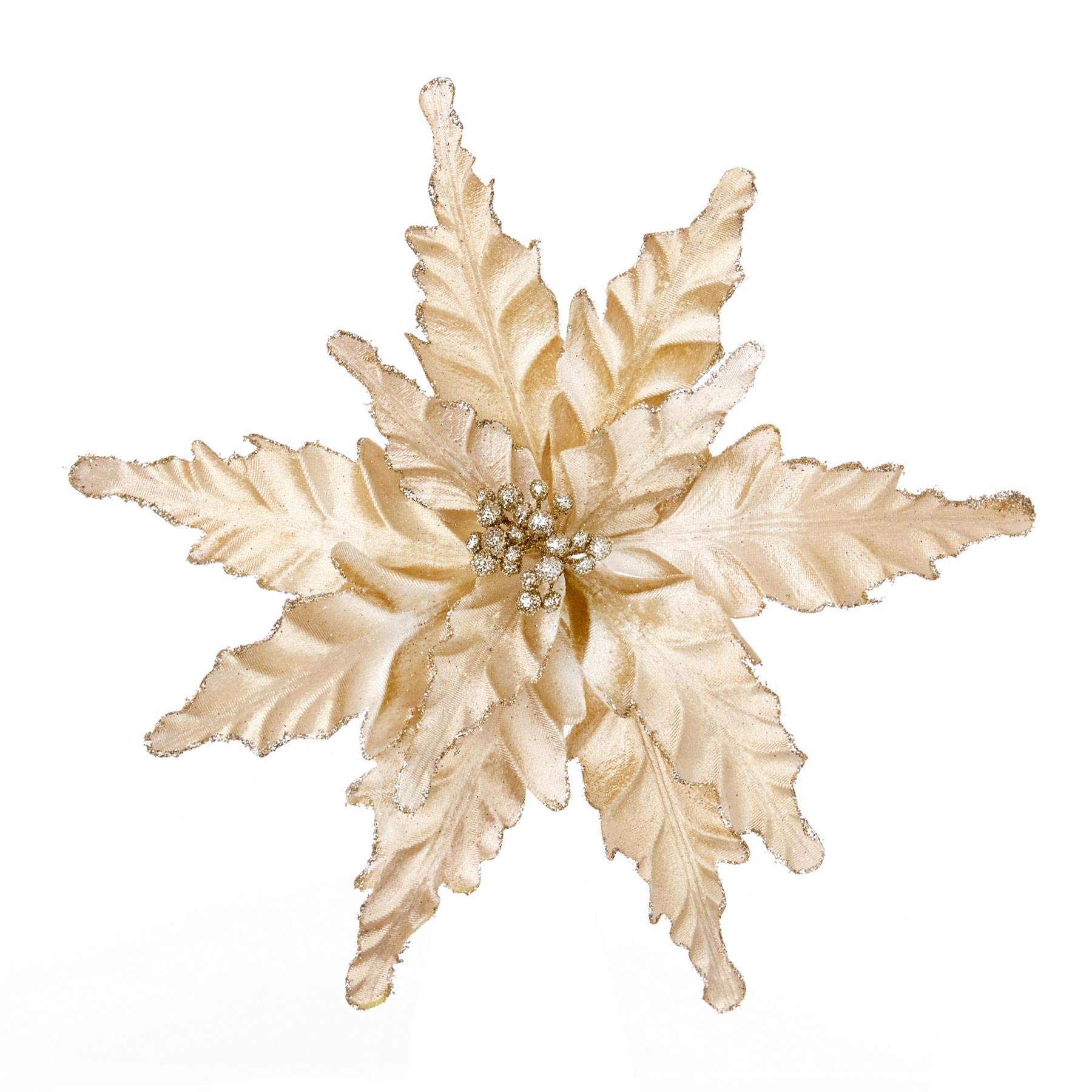 Clip-on Poinsettia Flower, Champagne with Gold Glitter Berry Middle, Christmas Tree and Wreath Decoration, 32cm approx