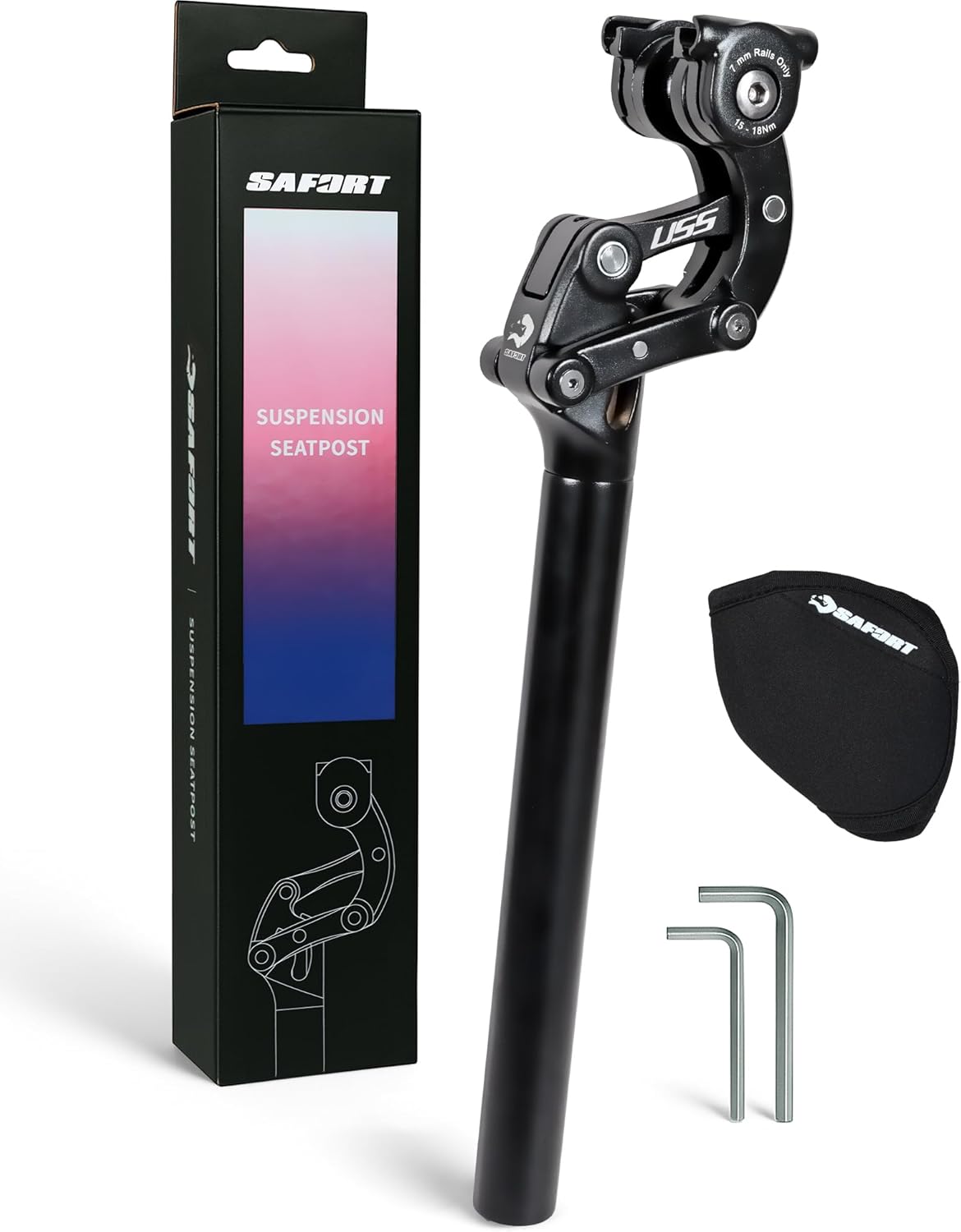 Safort Suspension Seatpost with Protection Cover & 5mm/6mm Hex Keys, 50mm Travel, Available in 27.2mm, 30.9mm, 31.6mm – for E-Bikes, Road, Gravel & Hybrid Bikes