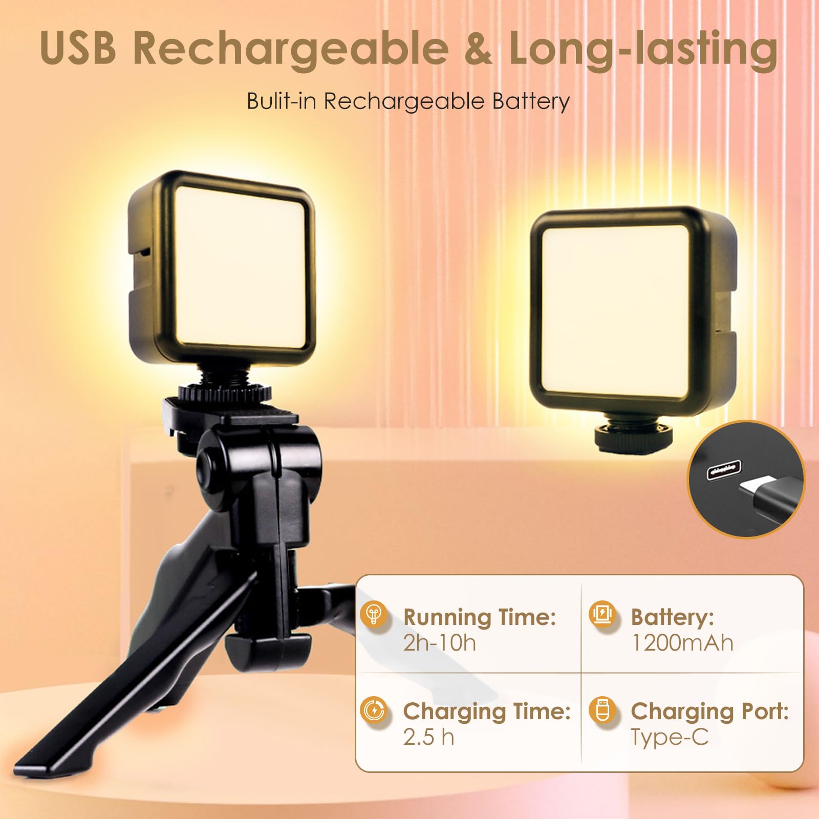 Journeyside Mini LED Videoleuchte,62 LED-Perlen mit 3 Inbegriffen Cold Shoe, Tragbare Kamera Licht 1200 mAh,Kamera Licht Klein 3000K-5500K mit 3 Lichteffekte für Aufnahmen, Live-Streaming
