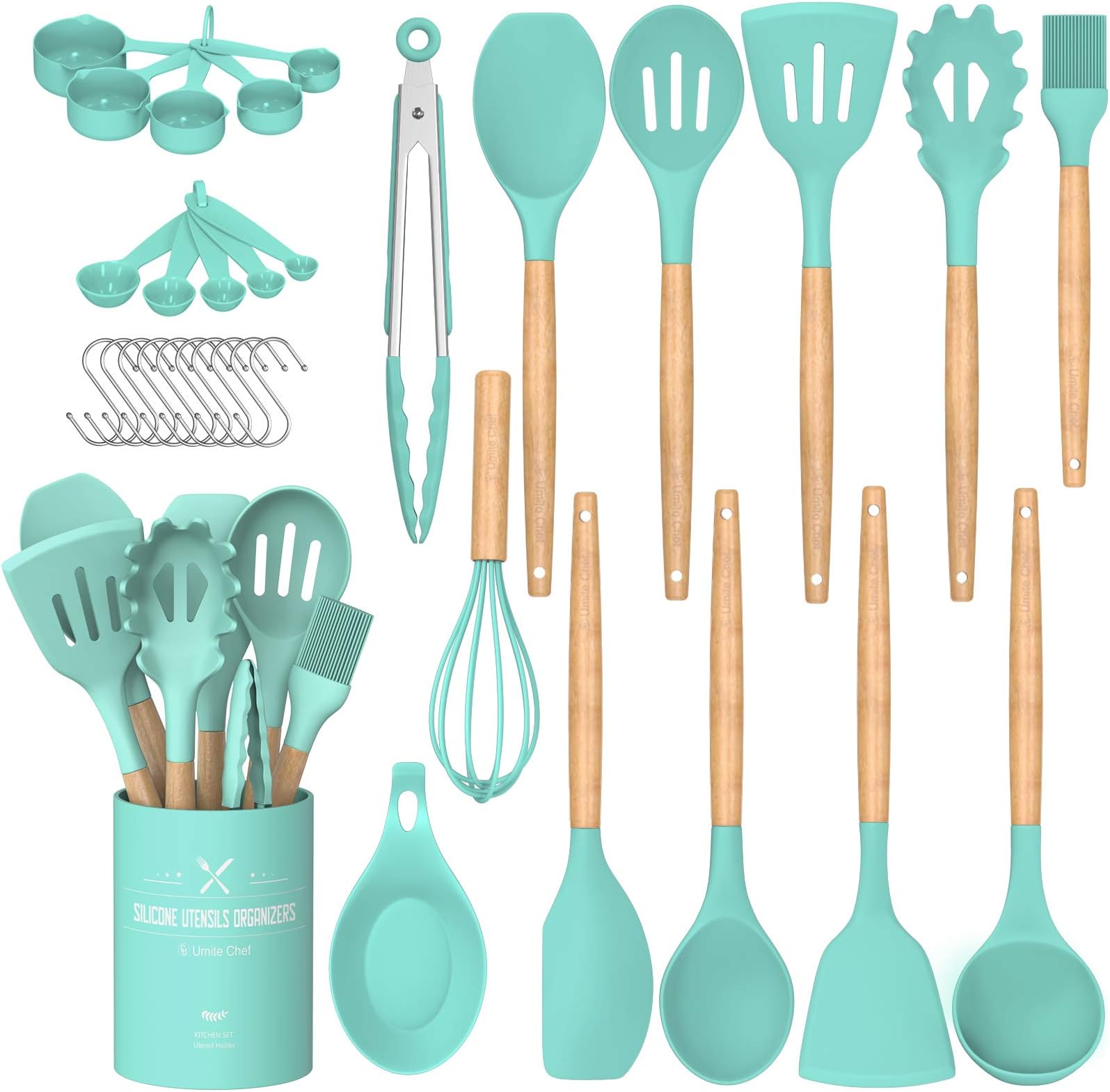 Umite ChefKitchen Utensils Set, Non-Stick Silicone Kitchen Utensils, Spatula Set with Holder, Wooden Handle, Heat Resistant Silicone, 24 Pieces, Green