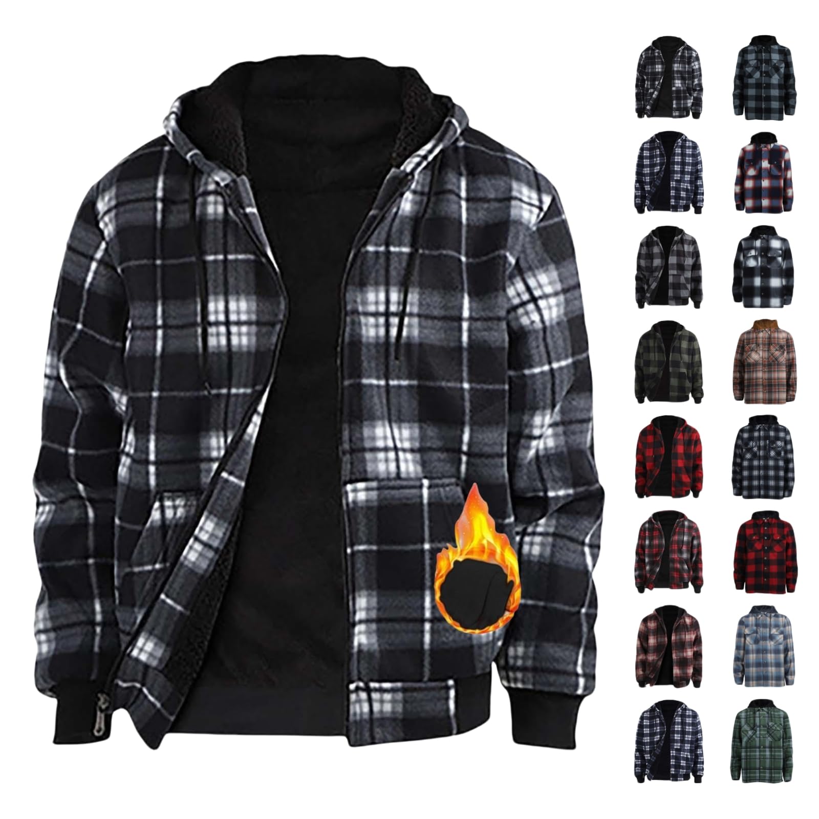 Flanellhemd Herren Kariert Winterjacke Langarm Fleecejacke holzfäller jacke gefüttert Button Down Freizeithemd Mit Kapuze Brusttasche Herren Flanell-Hemden Regular Fit Warm Kapuzenjacke