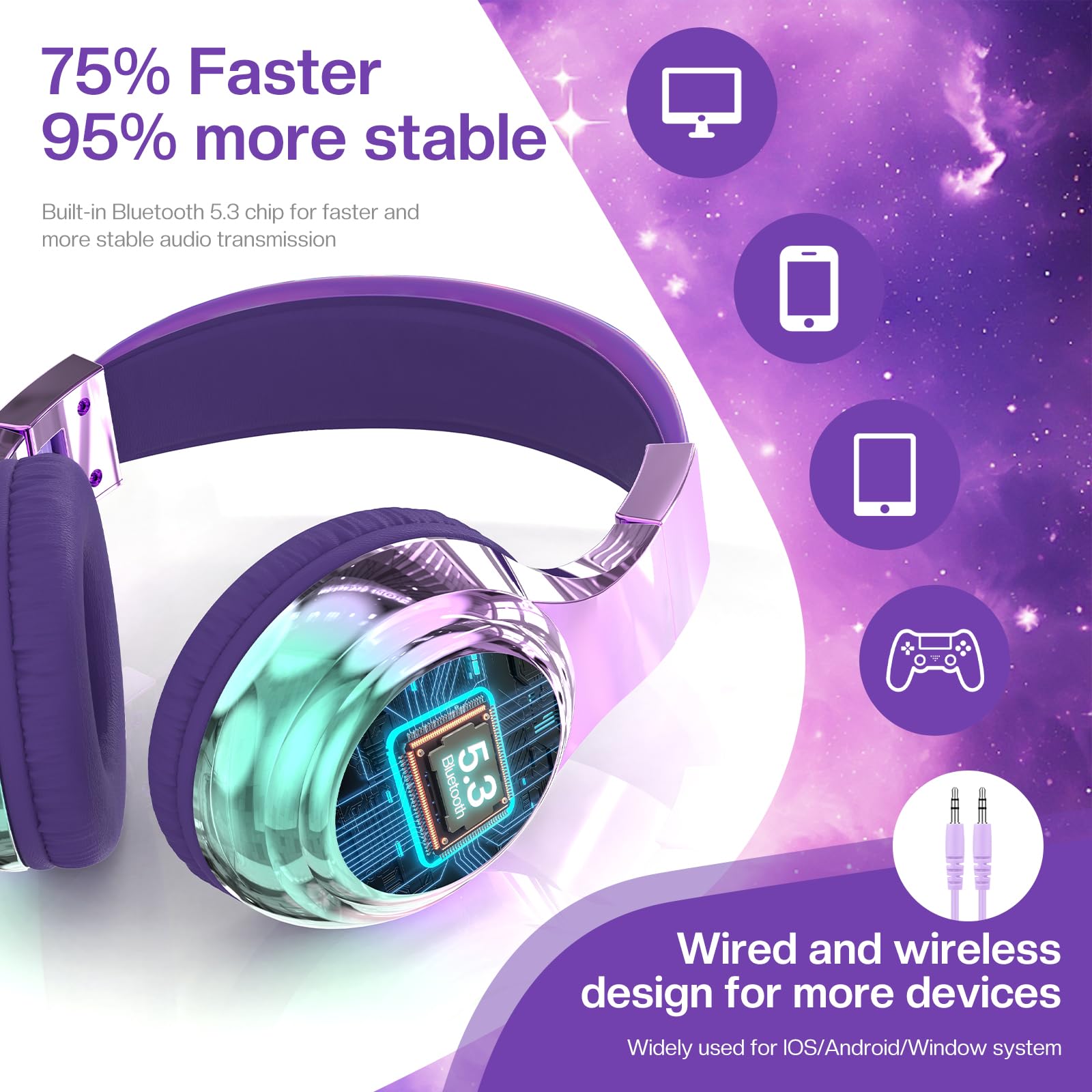 JYPS Bezprzewodowe słuchawki dla dzieci, metaliczne słuchawki Bluetooth dla dzieci, z mikrofonem, bezprzewodowe i przewodowe słuchawki nauszne dla nastolatków, maluchów, do iPada/tabletu Fire / szkoły