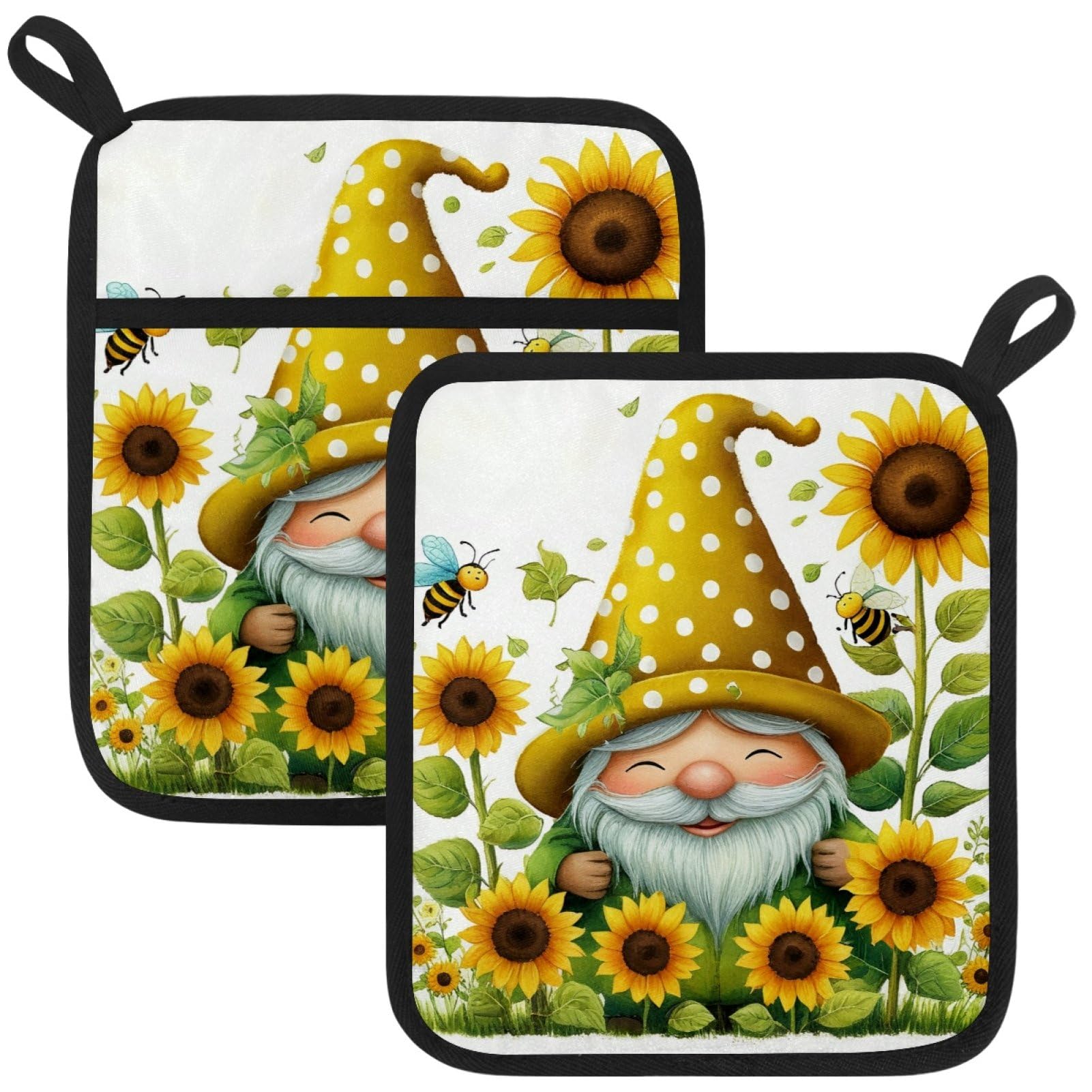 VAPOKF Gnome Sunflower Pot Holders with Pocket for Kitchen Heat Resistant Potholders Large Polyester-Cotton Square Oven Mitts Set
