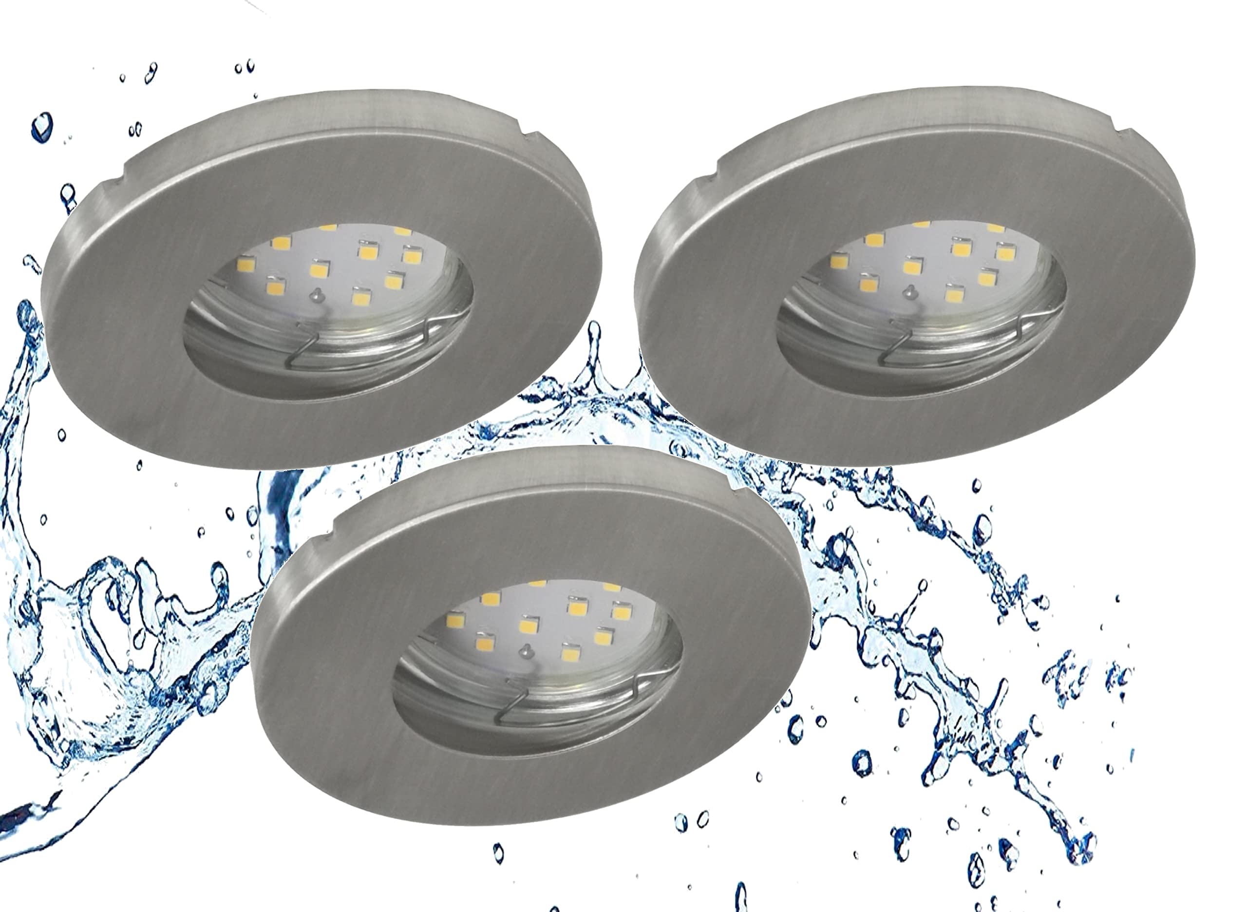 Trango Set di 3 faretti LED IP65, 6729IP65-039MO, in alluminio spazzolato, con 3 x 5 Watt, 3000 K, modulo LED ultra piatto, per bagno, doccia, faretti da incasso, faretti da soffitto, lampada da bagno